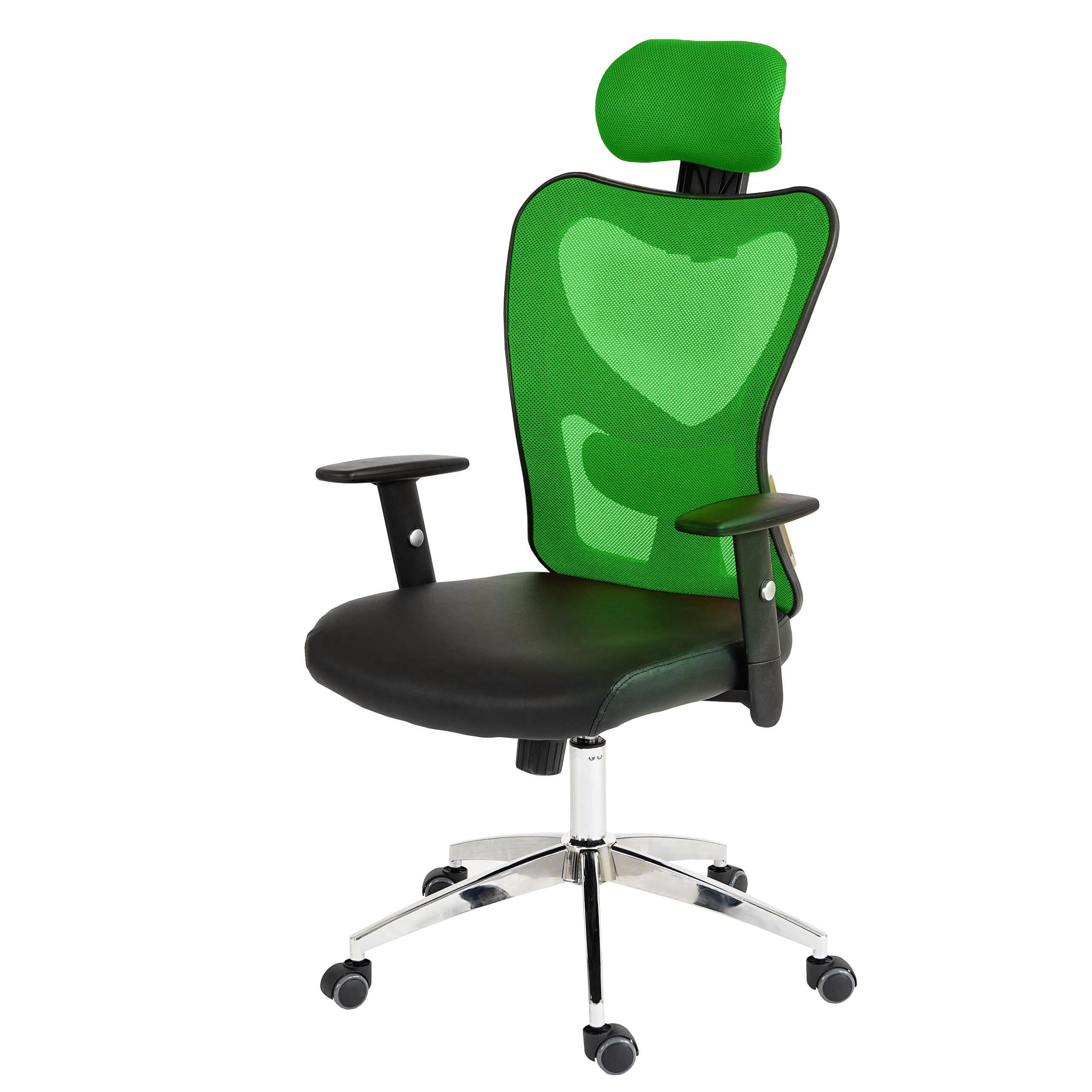 MCW Schreibtischstuhl Pamplona, Kopfstütze stufenlos höhenverstellbar, Höhenverstellbare Kopfstütze + Armlehnen, flexible Lendenwirbelstütze schwarz,grün