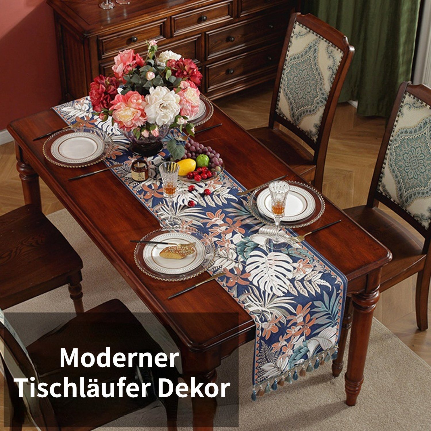 HOMEIDEAS Tischläufer, Luxus-Jacquard-rechteckige-Tischläufer mit Quaste, 35cm