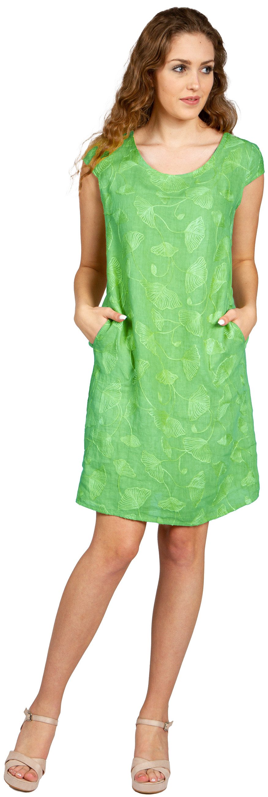 Caspar Sommerkleid SKL031 knielanges Damen Sommer Leinenkleid mit Ginko Blatt Stickmuster Luftig leicht, figurumspielende Form, mit seitlichem Jersey-Einsatz