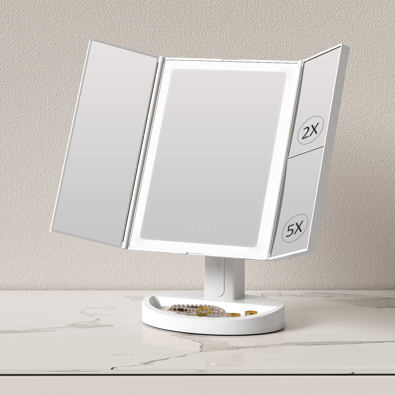 EMKE Schminkspiegel Faltbarer LED Kosmetikspiegel Aufladbar,2x/5x Dimmbar, Touchschalter,3 zweiseitig, Vergrößerungsspiegel Lichtfarben USB Vergrößerung Weiß