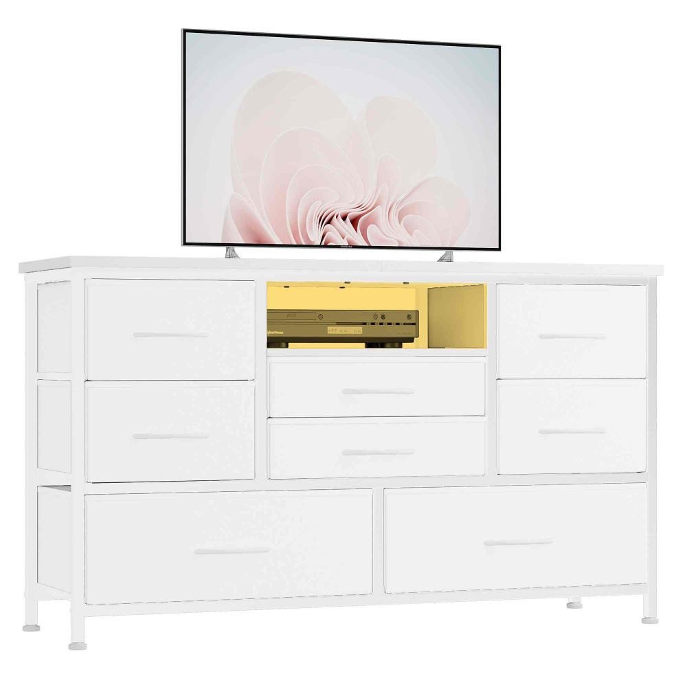 GarveeMore TV-Schrank Breites Sideboard Mehrzweckschrank Kommode mit 8 tiefen Schubladen Media-Board Stauraumschrank mit Steckdose, USB-Anschluss und RGB-LED