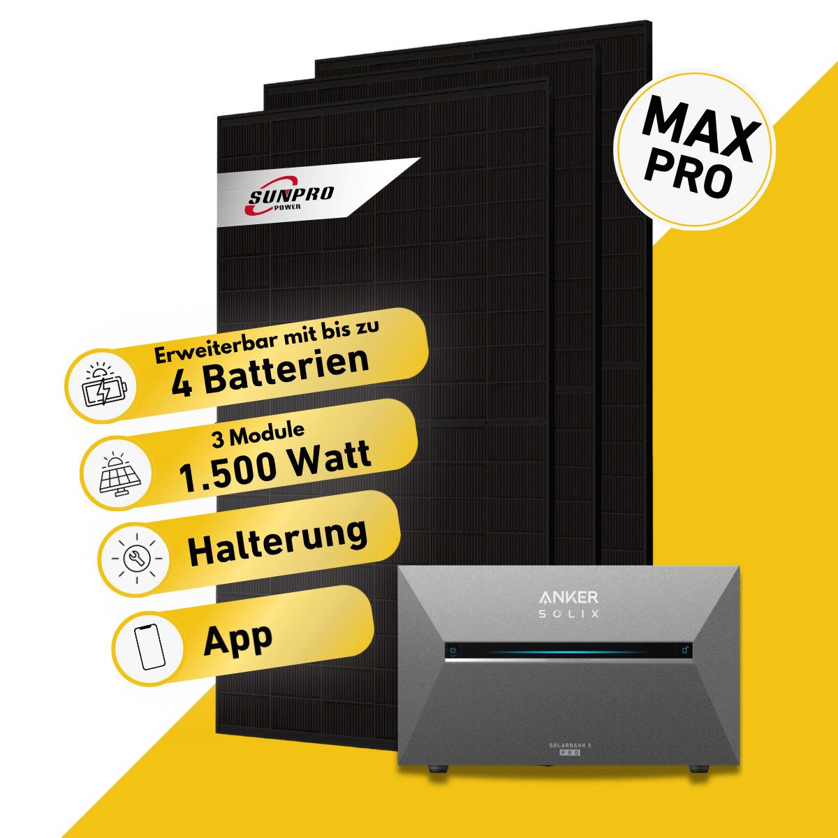 Balkonstrom Balkonkraftwerk MAX Pro 1500 Watt Solaranlage mit Speicher Komplettset Bifazial, 1500 W, Monokristallin, (3x Sunpro Solarmodul á 500 Watt, 1x Anker Solix 3 Pro Solarspeicher E2700, 1-4 Zusatzspeicher BP2700), Halterung für Dach, Fassade, Balkon & Garten, App & Plug&Play DE