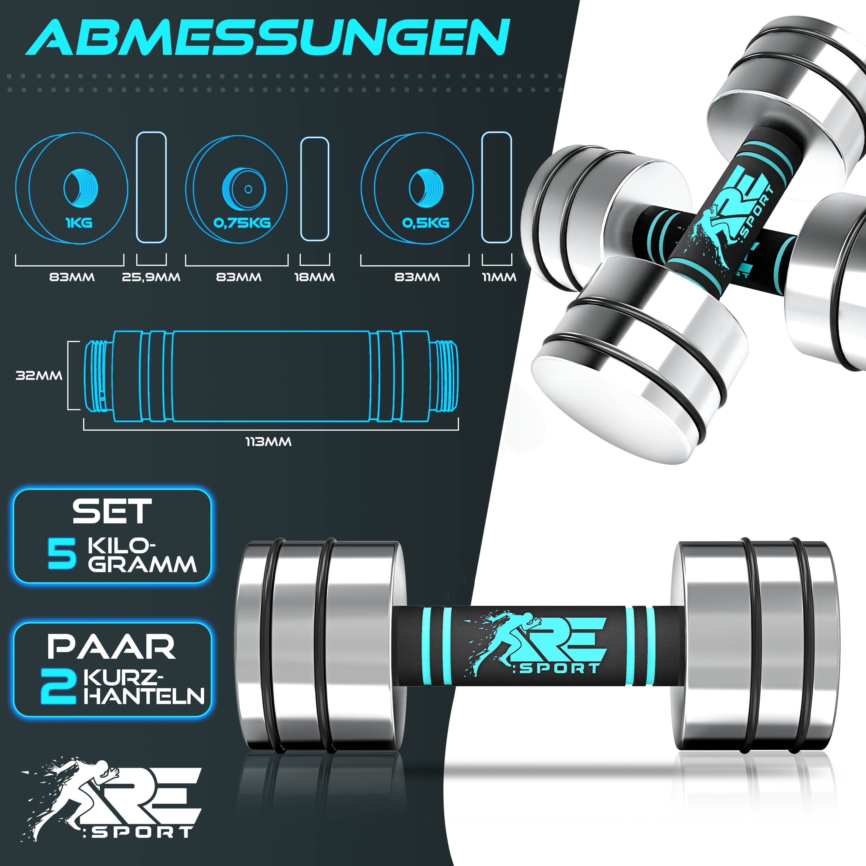 RE:SPORT Gartentisch RE:SPORT® 2er Hanteln Set aus massivem Stahl 2,5/5/7,5/10 kg, Hantel (Kurzhanteln Home Gym, Krafttraining & Muskelaufbau, Fitness Kurzhante – Bild 2 von 5