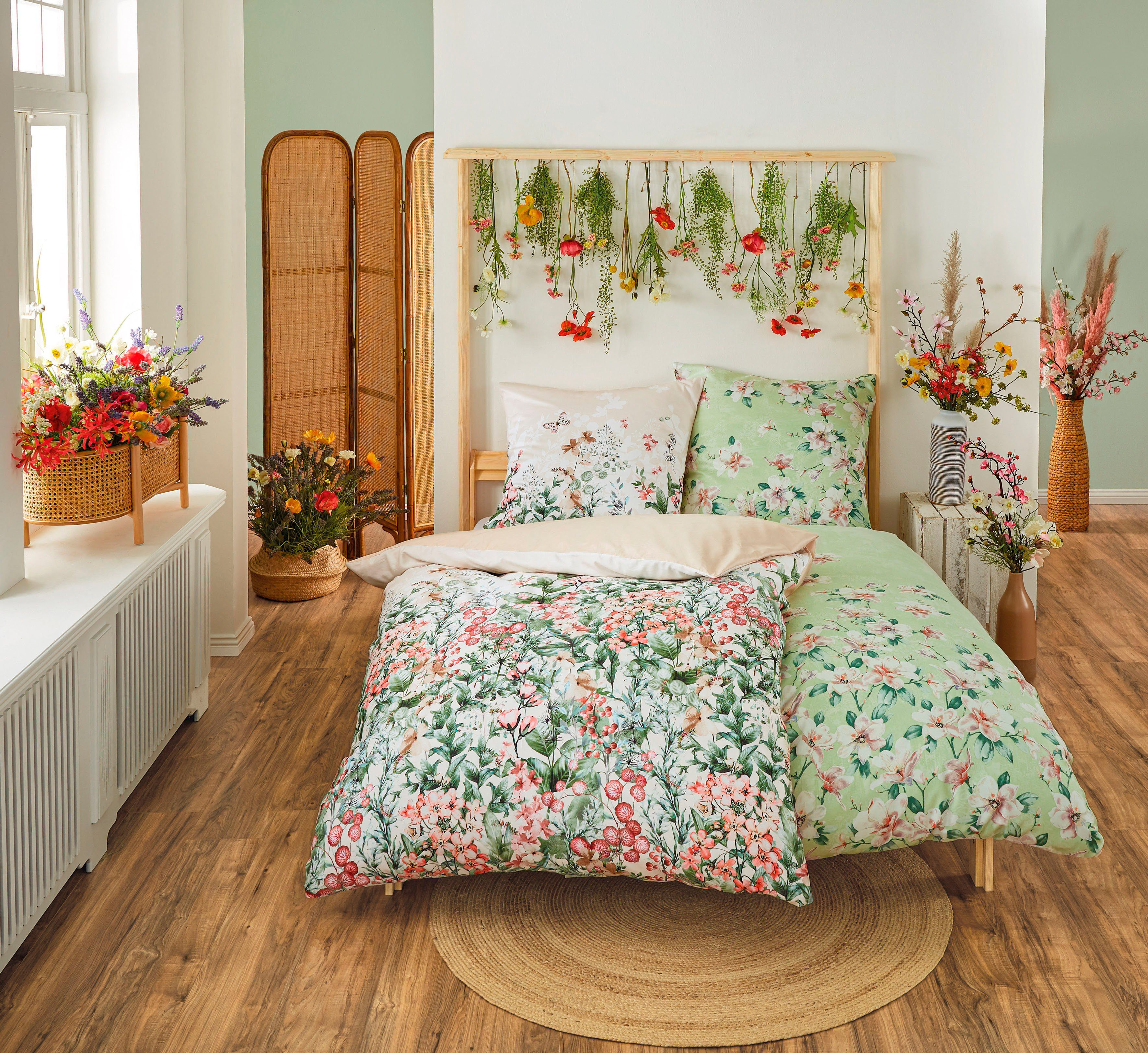 Kleine Wolke Wendebettwäsche Magnolia, Mako-Satin, 2 teilig, mit floralem Print