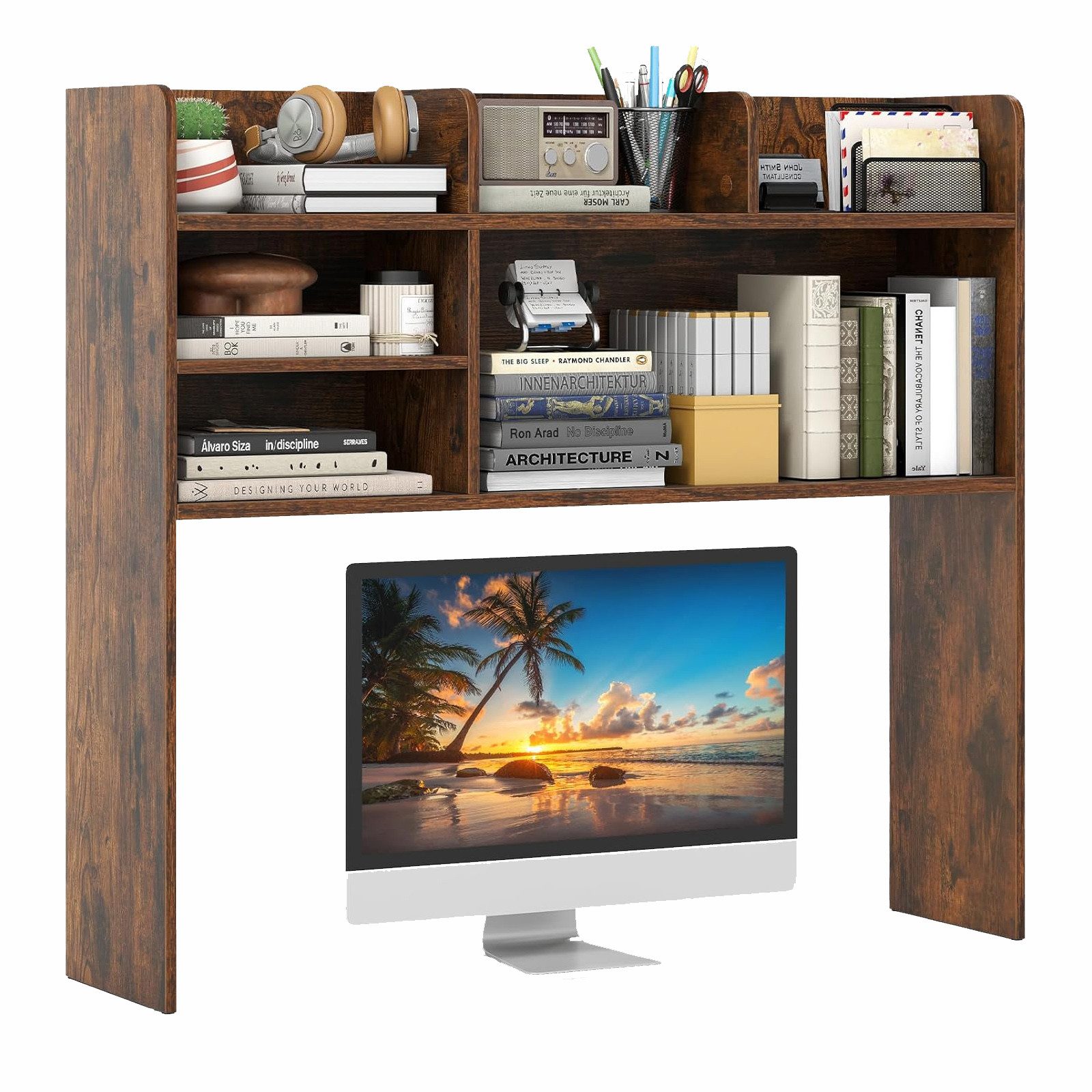 KOMFOTTEU Regal-Schreibtisch Schreibtischregal, mit 6 offenen Regalen, für Monitore bis zu 32"