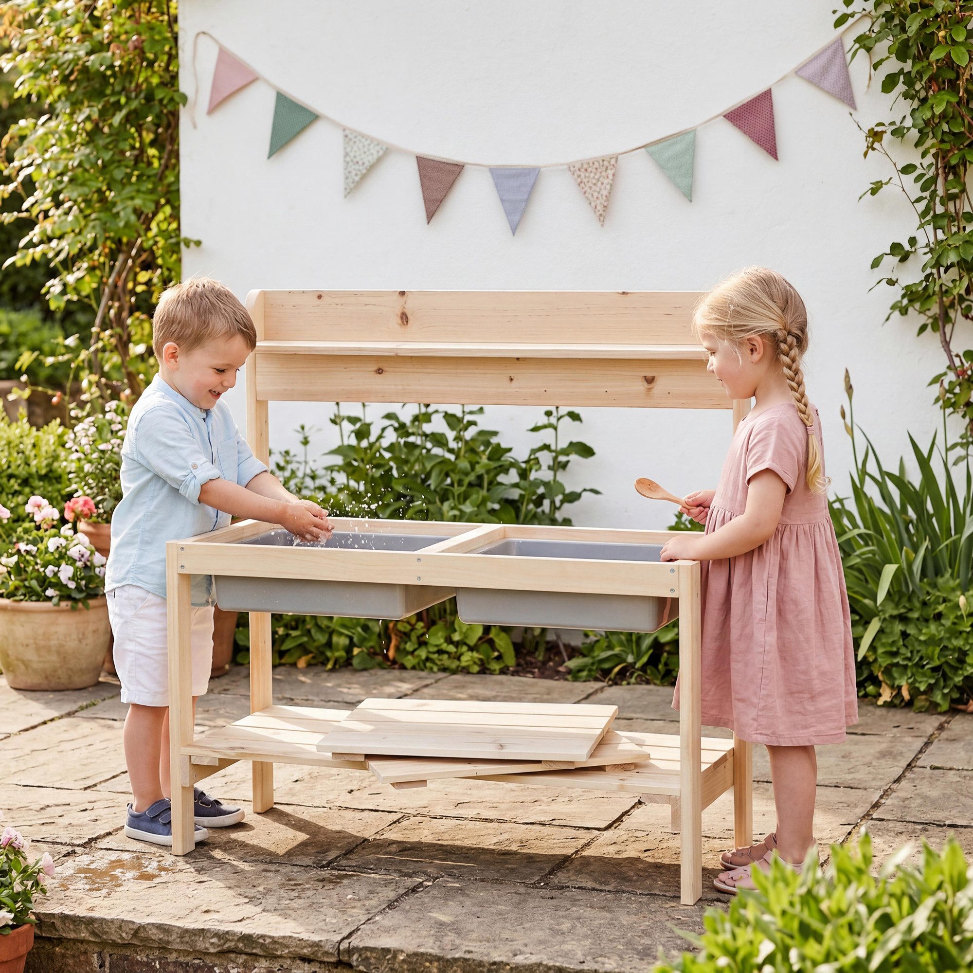 roba® Outdoor-Spielküche FUN Massivholz, Kinderküche mit abnehmbarer Abdeckung und Spielwanne
