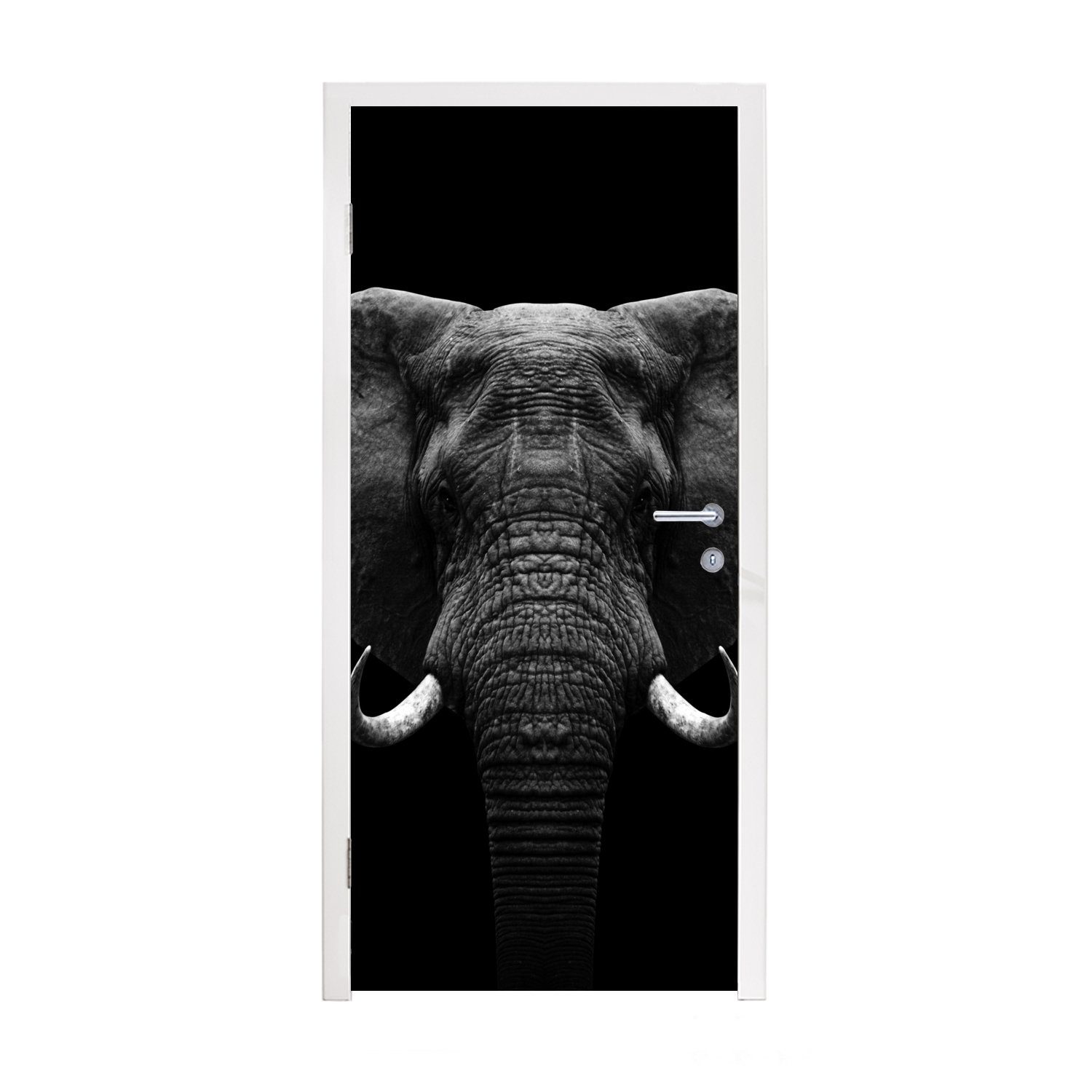 MuchoWow Türtapete Tiere - Elefant - Porträt - Schwarz - Weiß, Matt, bedruckt, (1 St), Fototapete für Tür, Türaufkleber, 75x205 cm | Türtapeten