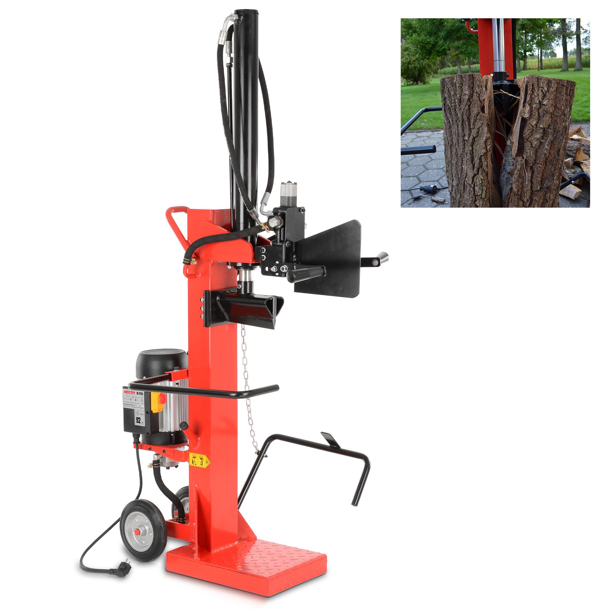 Hecht Elektroholzspalter 6110 mit Hebemechanismus, Spaltgutlänge bis 70 cm, Spaltgutdurchmesser bis 30 cm, 10 Tonnen, 3000W