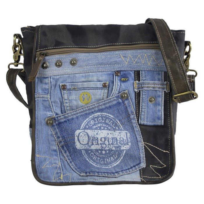 Sunsa Messenger Bag Umhängetasche aus recycelten Jeans und schwarzes Canvas. Messenger Tasche für Sie/ Ihn. Große Schultertasche mit Handyfach unter der Frontklappe Aus recycelten Materialien