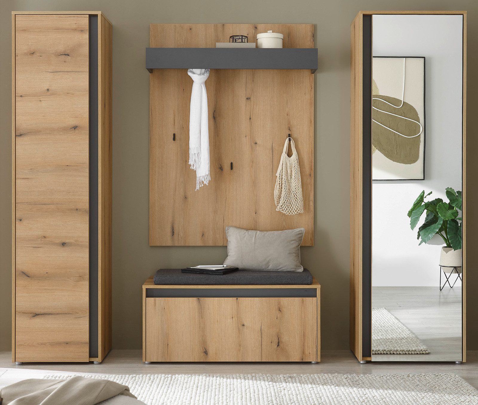 Furn.Design Garderoben-Set Center, (Flurgarderobe Komplett-Set in Eiche mit Grau, 5-teilig, 230 x 200 cm), mit Sitzkissen und großem Schuhschrank