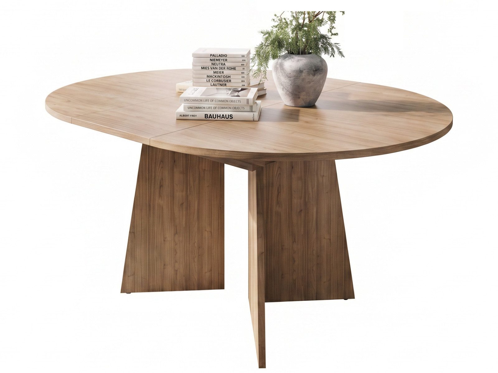 yourhouse24 Esstisch Runder ELENA ausziehbar 120-160 cm Eiche Japandi Design, Synchronauszug, interne Einlegeplatte, stabiles Kreuzgestell