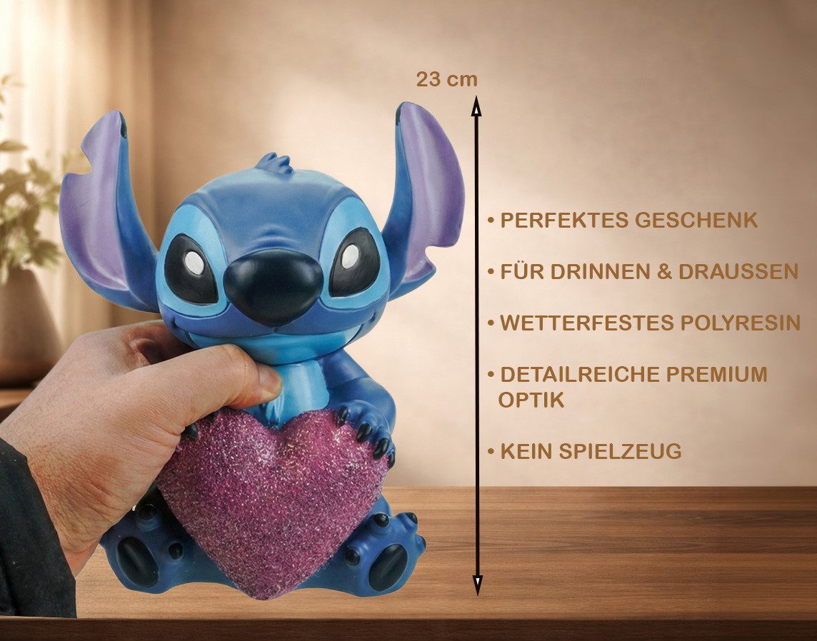Disney Gartenfigur Stitch mit Herz Wetterfeste Disney Dekofigur aus Polyresin 23x 20 cm