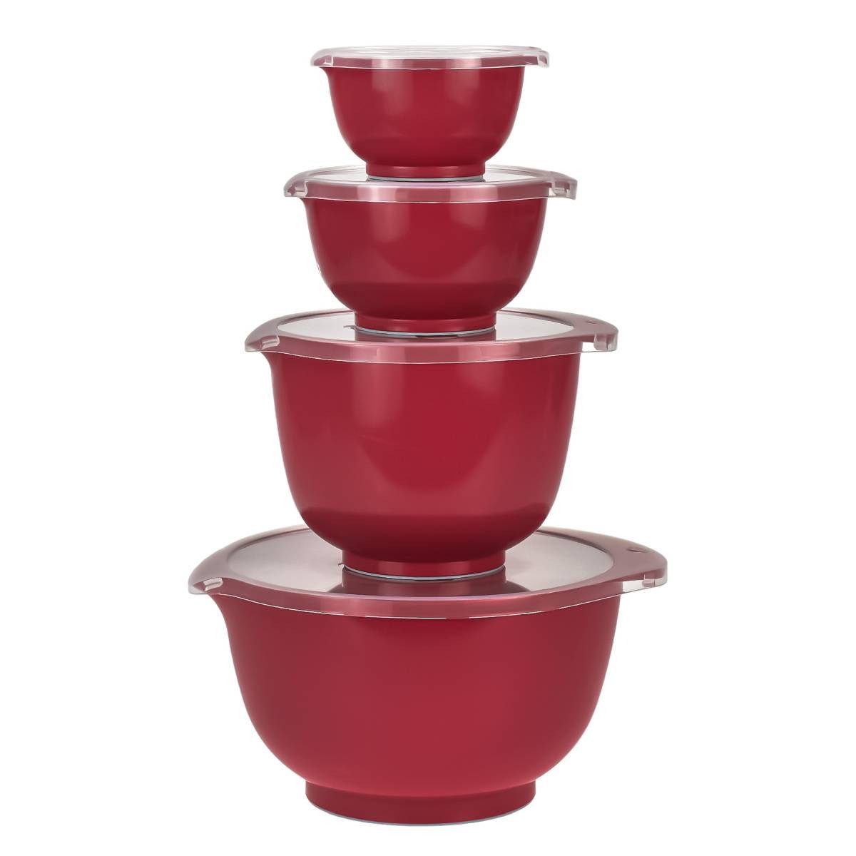 ROSTI Rührschüssel "Margrethe New" 0,25 + 0,5 + 1,5 und 3 Liter Set mit Deckel, Kunststoff, (Spar-Set, 4-tlg), spülmaschinenfest, auch für Mikrowelle und Gefrierschrank (rot)