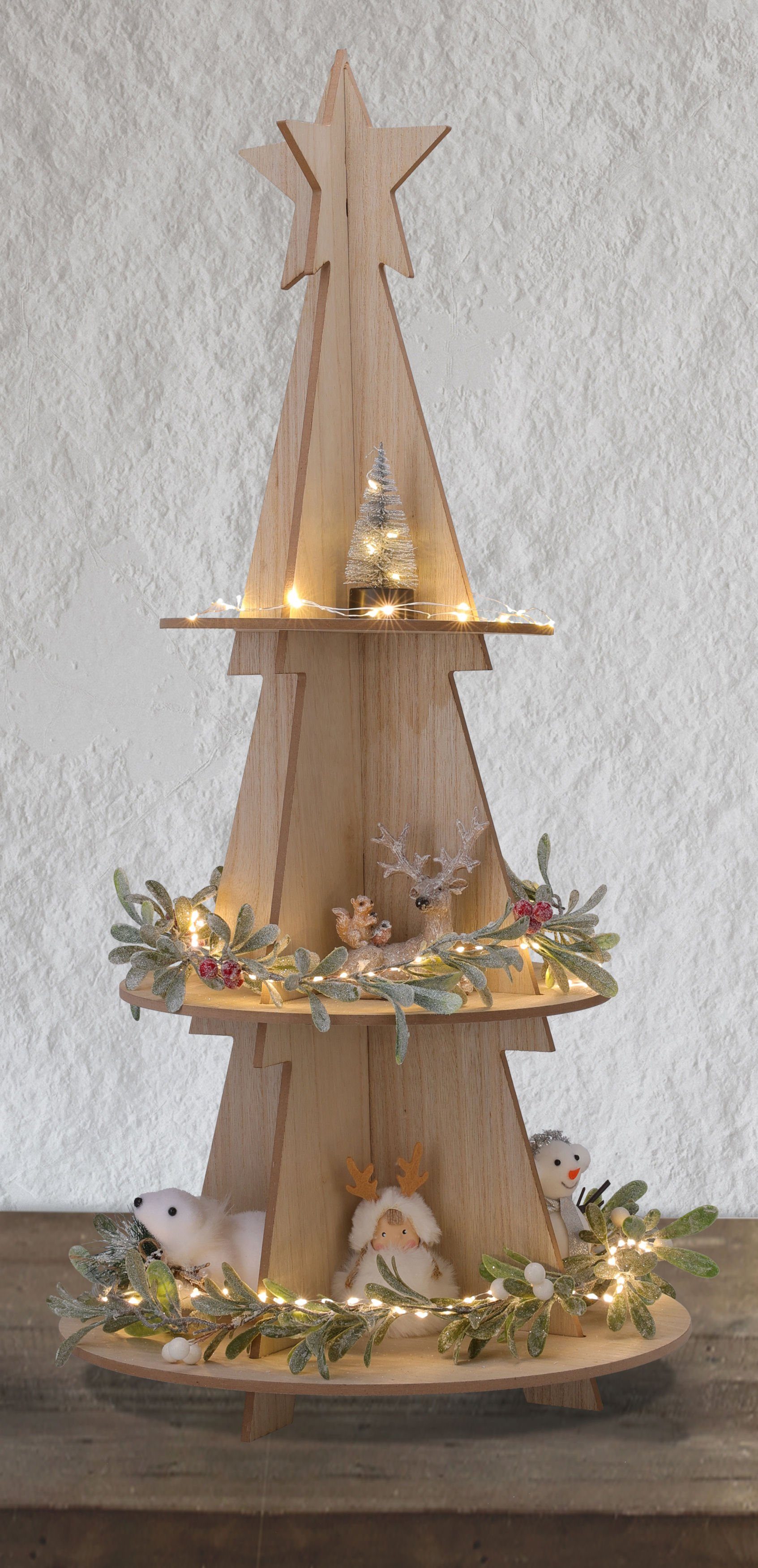 Spetebo Weihnachtspyramide XXL Holz Weihnachtsbaum Pyramide 60cm mit 3 Etagen, Weihnachts Deko Etagere mit Stern Spitze