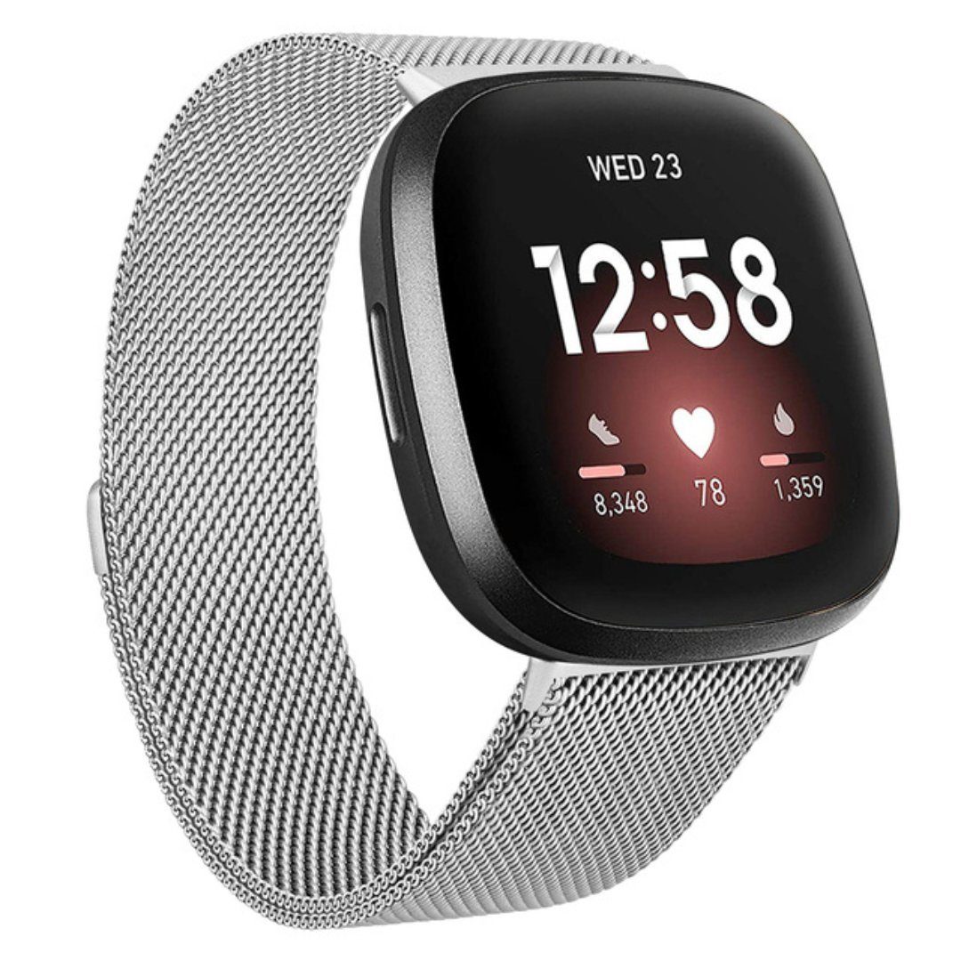 SmartUP Uhrenarmband Für Fitbit Versa 3 Magnetisches Edelstahl Armband Milanese, Atmungaktiv, zeitloses Design, stufenlos verstellbar Silber