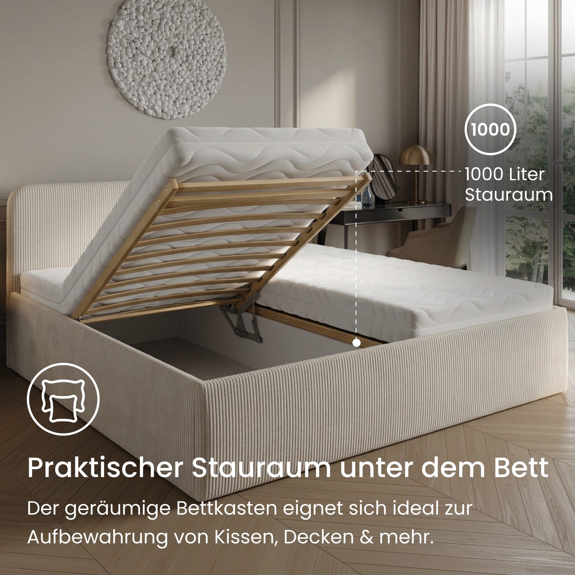 Home Collective Polsterbett Bett mit Stauraum, verstellbarem Lattenrost, viele Größen (Größen: 100x200 120x200 140x200 160x200 180x200 200x200, hochwertiger Kor – Bild 5 von 5