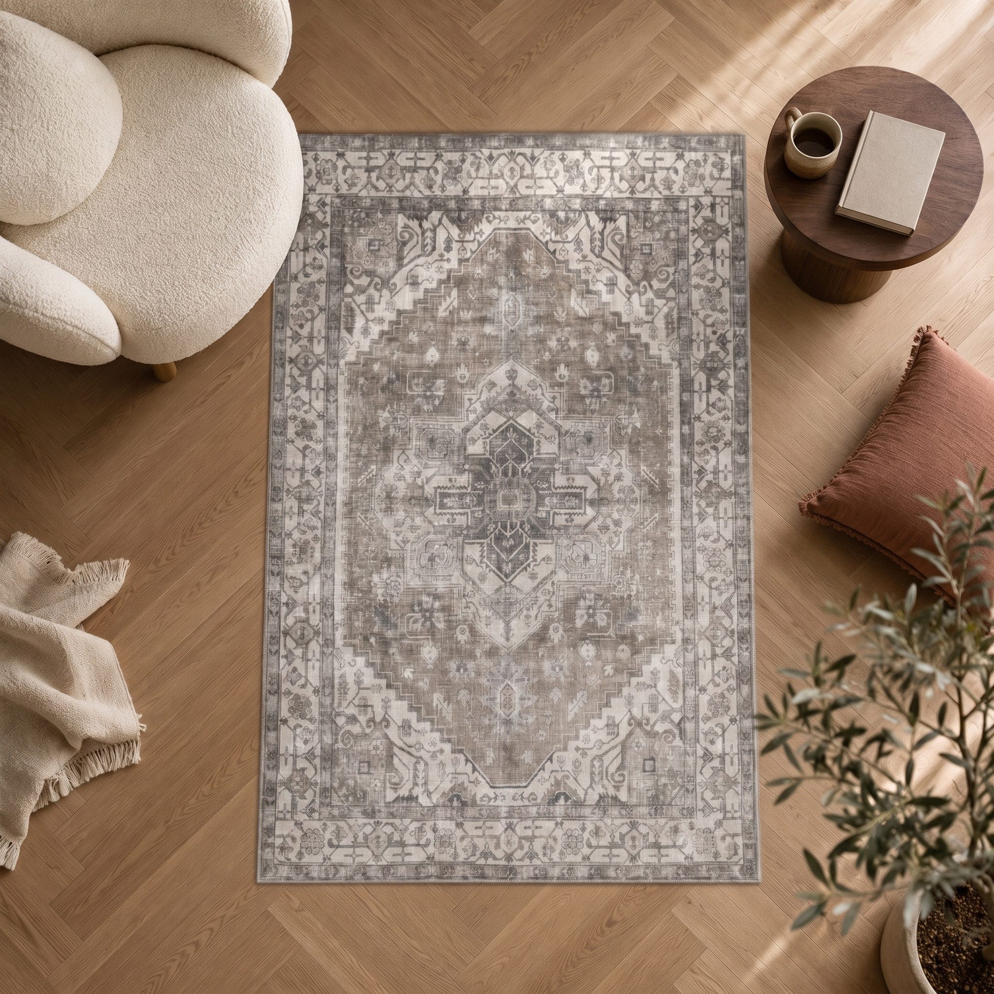 AYDIN Orientteppich Mandala Vintage-Teppich 120 x 170 cm, Grau-Beige, waschbar, 3 mm, Rechteckig, Höhe: 0.30 mm