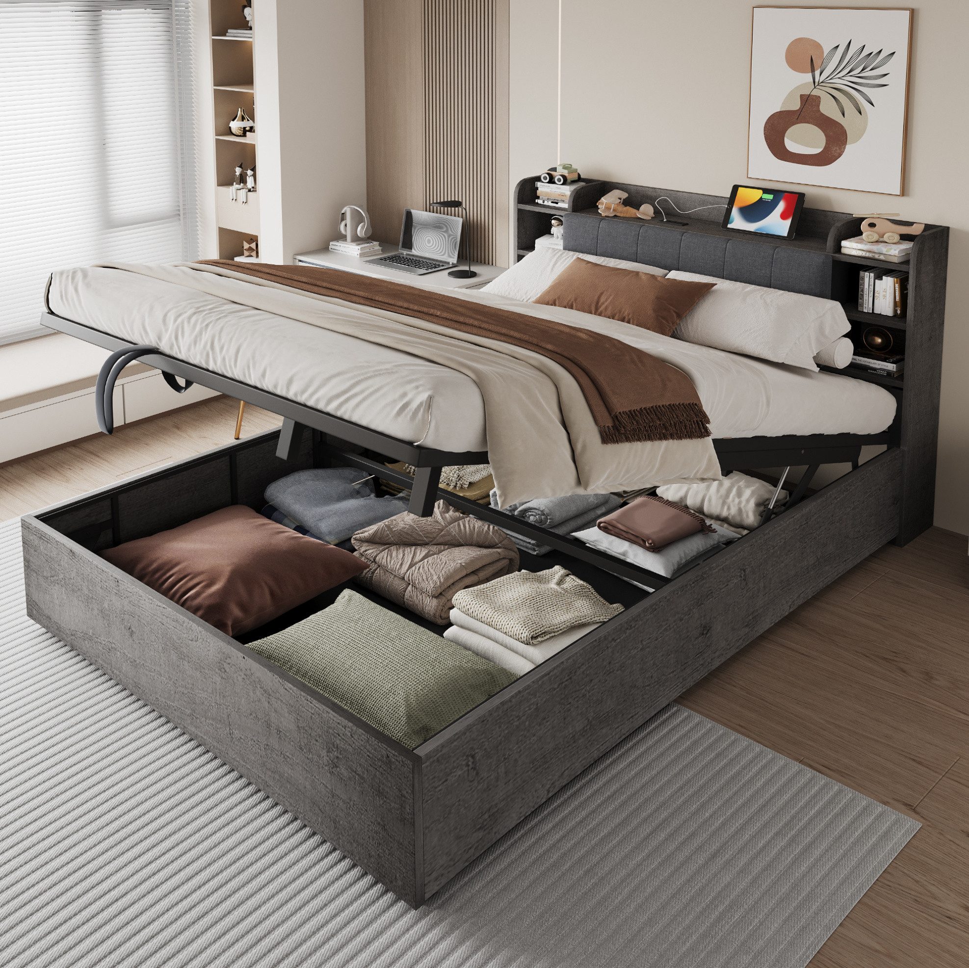 MODFU Stauraumbett mit hydraulischem Bettkasten, Funktionsbett Holzbett (180x200 cm, mit Kopfteil mit Stauraum und verstecktem Fach, USB- und Typ-C-Ladeanschluss, Doppelbett), ohne Matratze