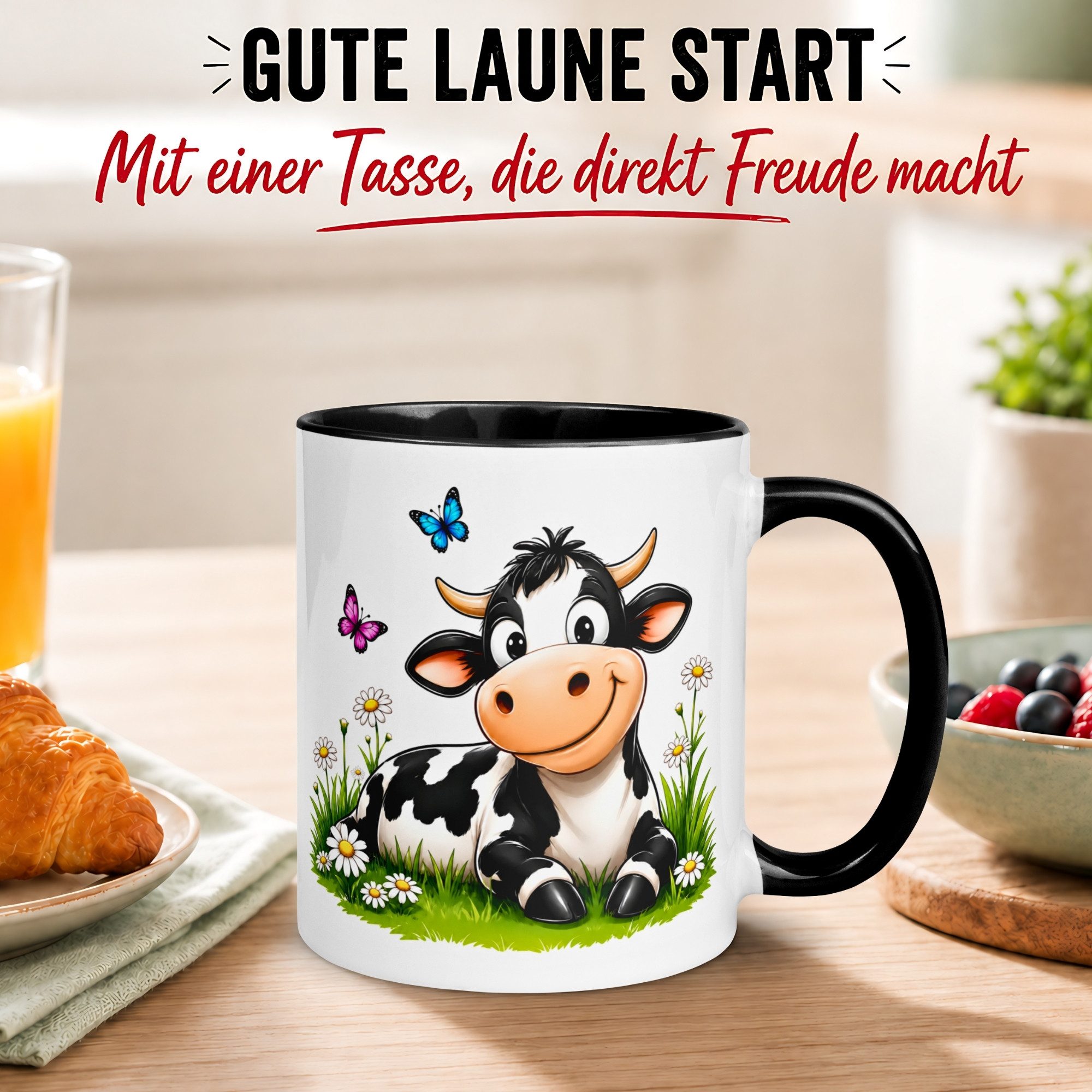Momentals Tasse Kuh – „Süße Kuh auf der Wiese“ – Geschenk Becher für Landwirte, Gratis Versand · Links-&Rechtshänder · Spülmaschinenfest