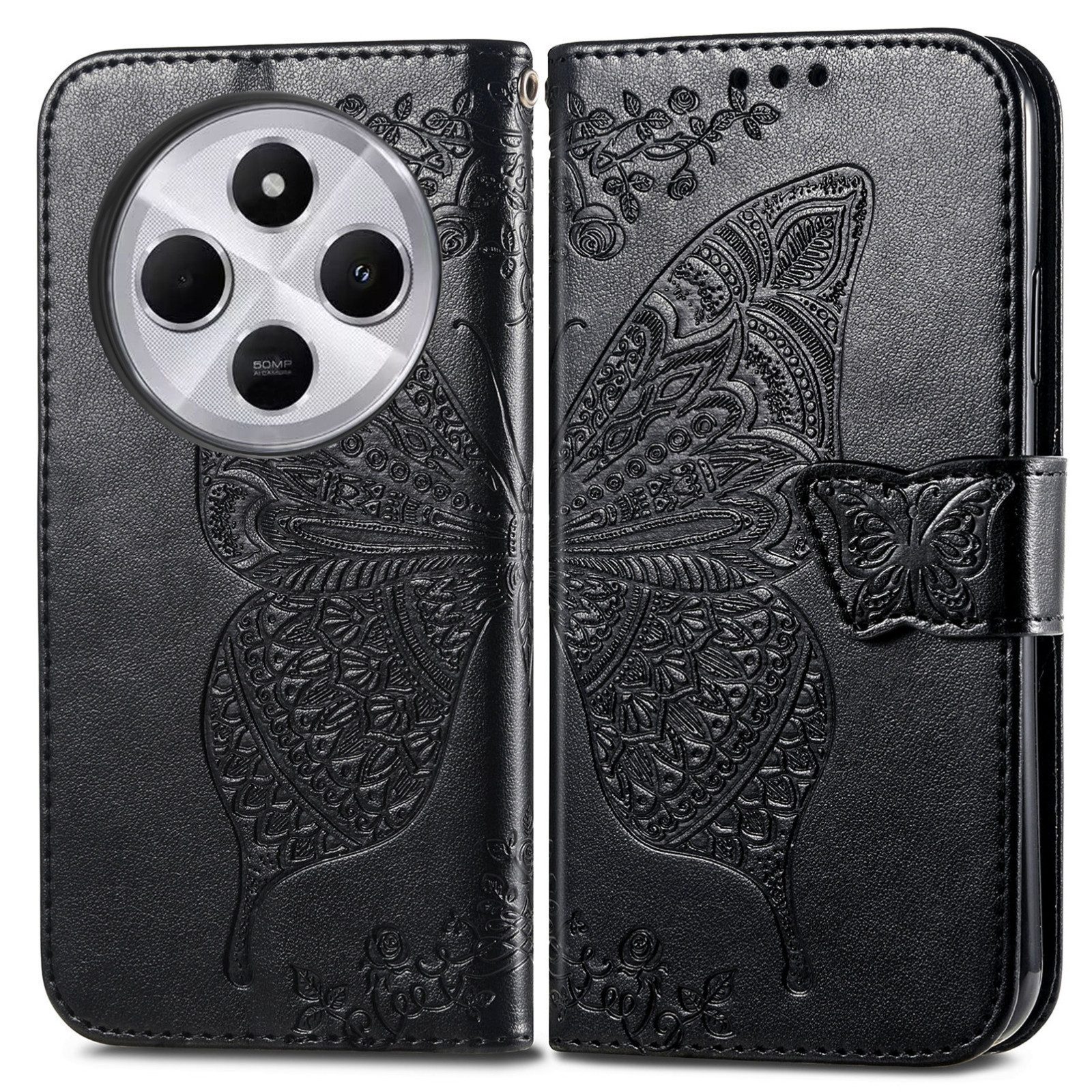 Wigento Smartphone-Hülle Für Xiaomi Redmi 14C Kunstleder Wallet Schmetterling Hülle Schwarz, Kunst-Leder Schutzhülle Smart Case Cover magnetischer Verschluss