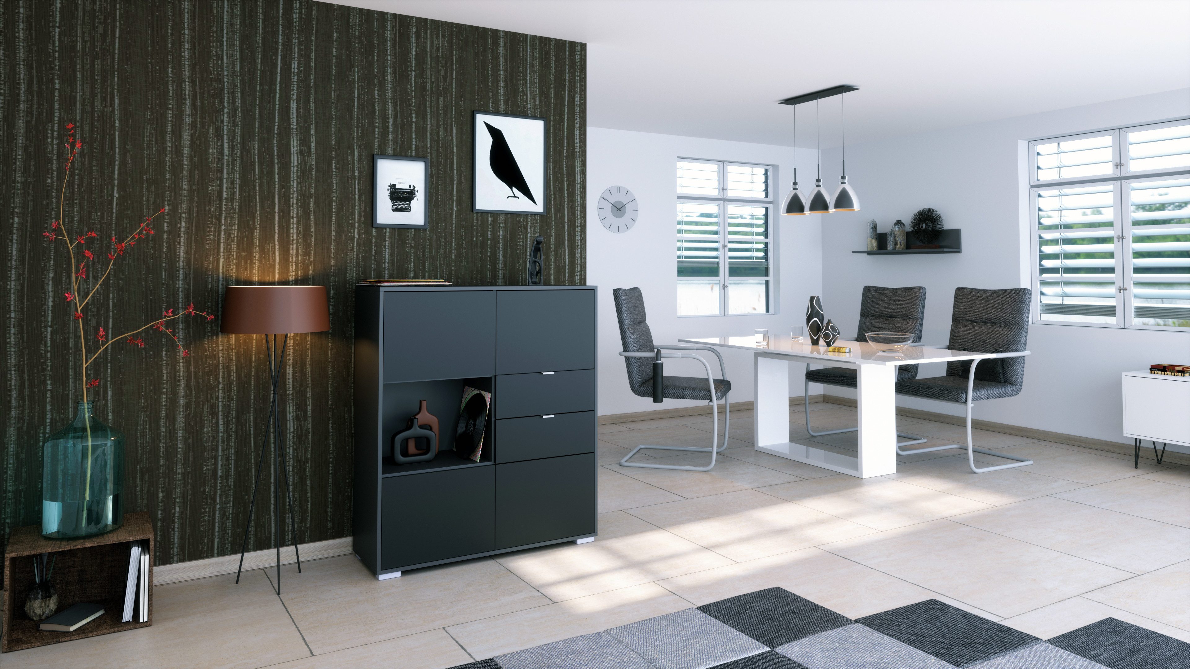 Vladon Highboard Milano V1 (Highboard mit 4 Tür Schwarz matt, 2 Schubladen Schwarz matt, Made in Germany), Korpus Anthrazit matt (103 x 118 x 37 cm)