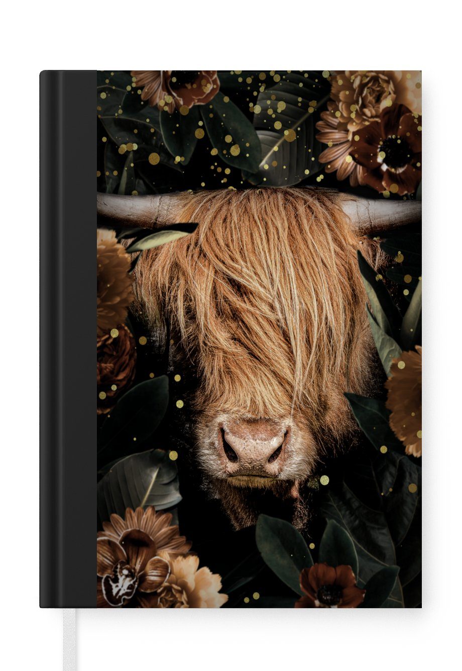 MuchoWow Notizbuch Schottischer Highlander - Tiere - Blumen, Journal, Merkzettel, Tagebuch, Notizheft, A5, 98 Seiten, Haushaltsbuch