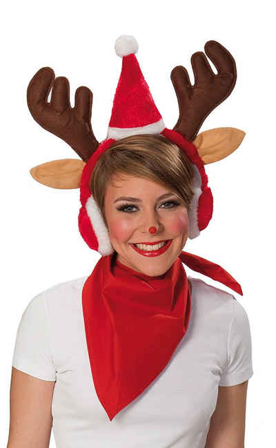 Karneval-Klamotten Kostüm Haarreif Rentier Elch Ohrenschützer Weihnachten, Haarband Geweih mit Weihnachtsmütze Weihnachts Haarschmuck