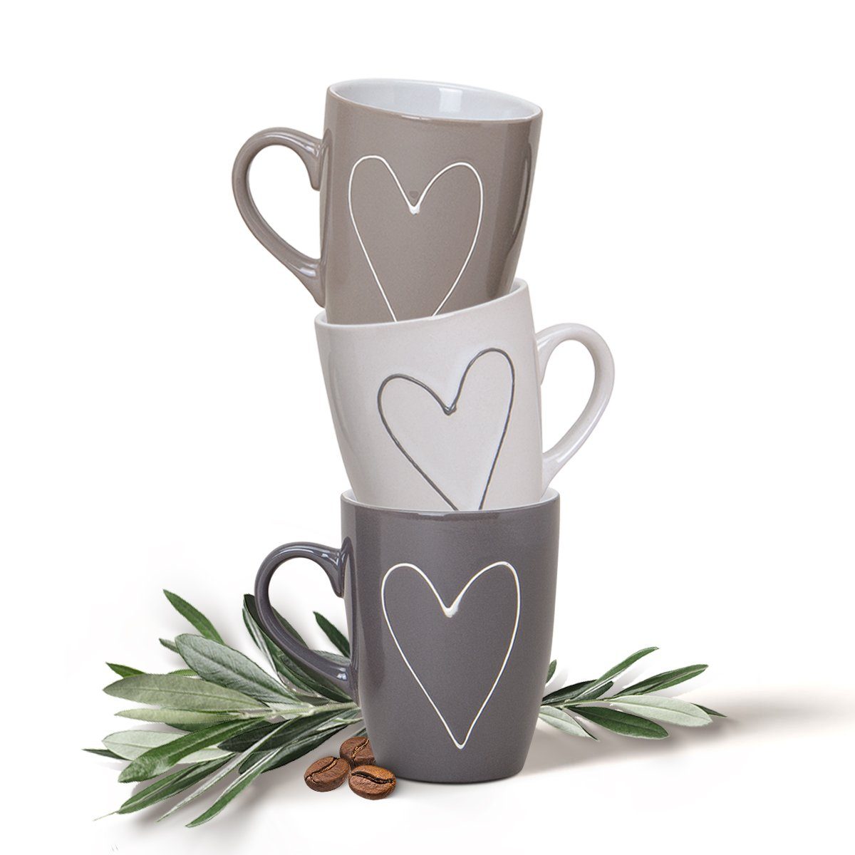 matches21 HOME & HOBBY Tasse Schöne Kaffeetassen 36er Set einfarbig mit Herzen Landhaus-Stil, 36-tlg., Keramik, Tee Kaffee-Becher modern grau beige weiss 250 ml