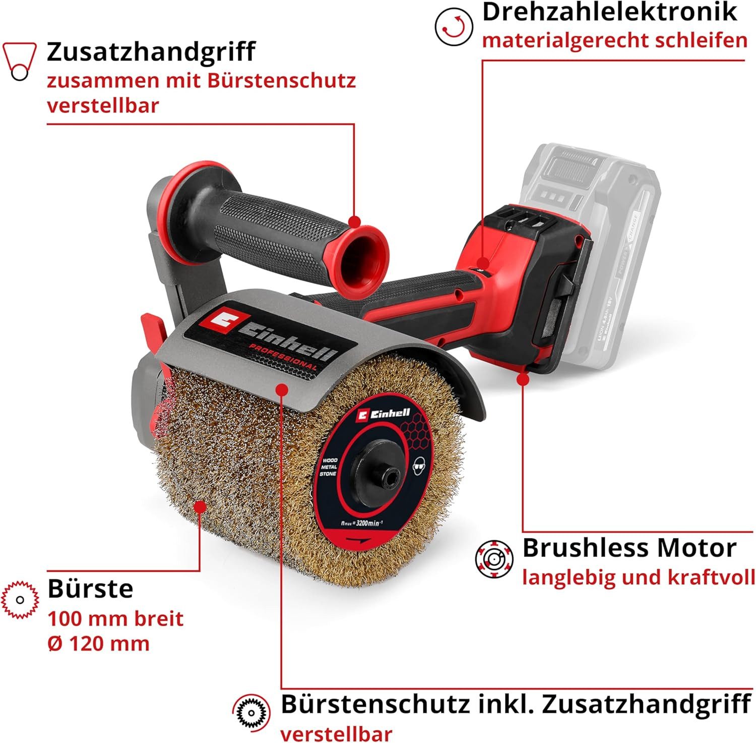 Einhell Akku-Oberflächenbürste Professional Akku-Bürstenschleifer TP-BR 18/32 Li BL-Solo + Zubehör