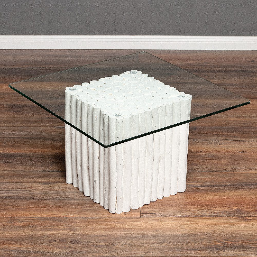 LebensWohnArt Couchtisch Teak Couchtisch NICO Weiß inkl. Glasplatte 70x70cm