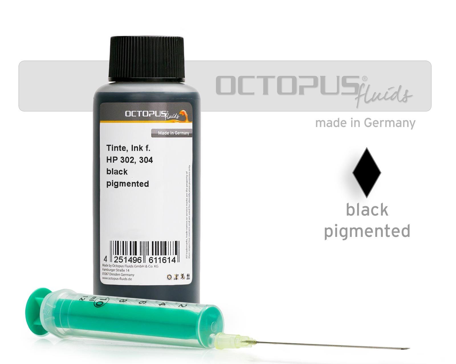 OCTOPUS Fluids Nachfülltinte comp. f. HP 302, 304 black pigmented with syringe Nachfülltinte (für HP, Spar-Set, 1x 100 ml)