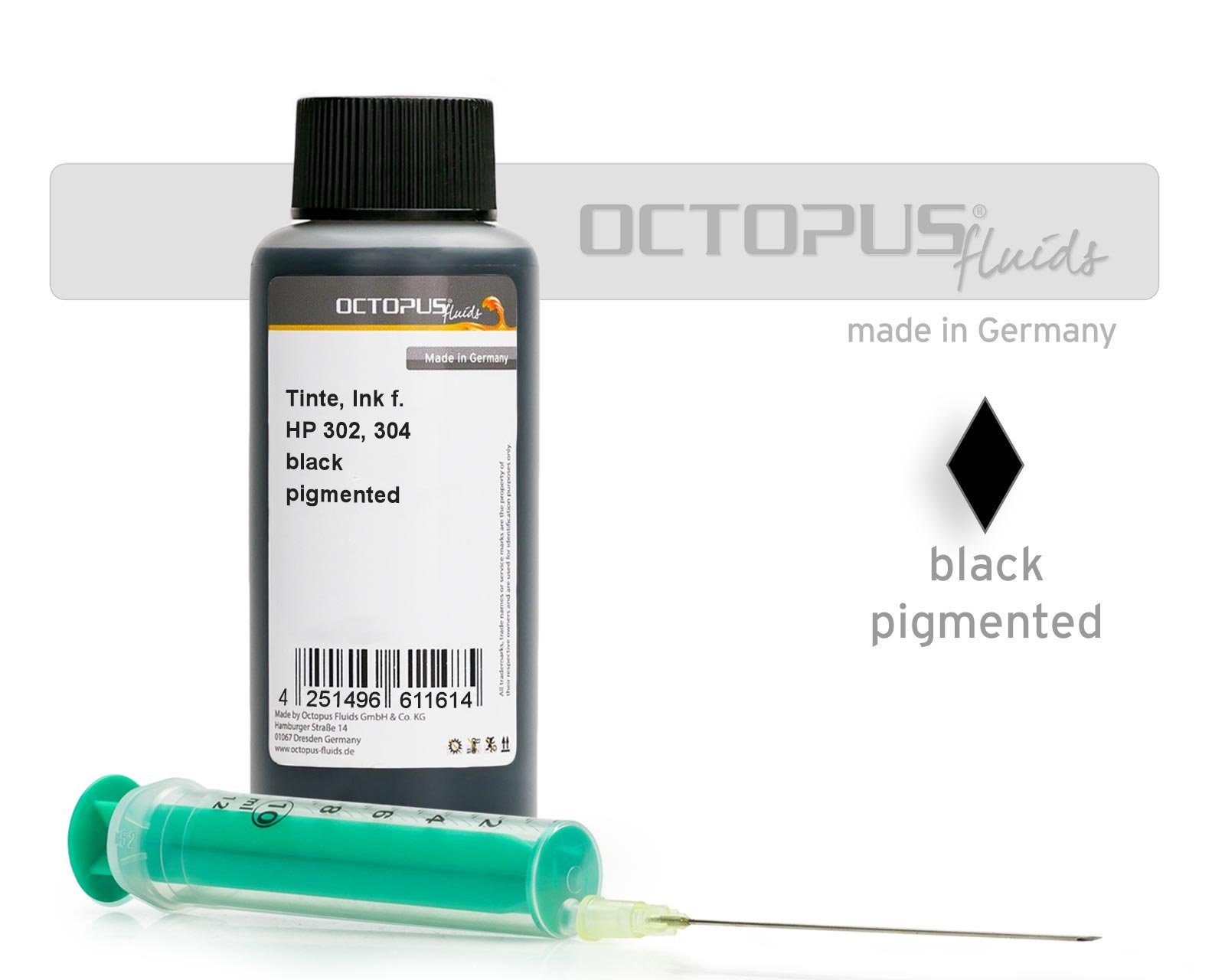 OCTOPUS Fluids Tinte für HP 302, 304 schwarz pigmentiert mit Zubehör  Nachfülltinte (für HP, Spar-Set, 1x 100 ml)