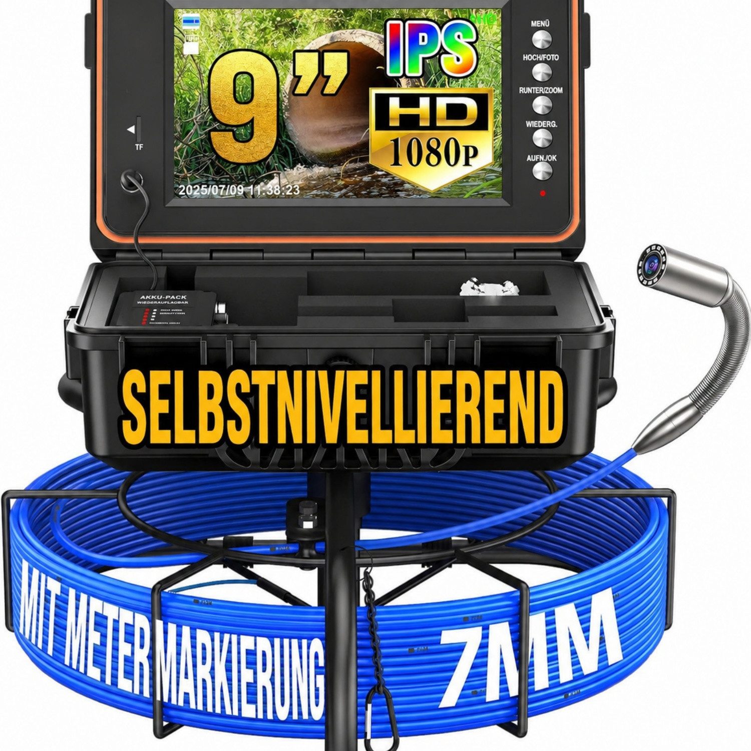 ANYSUN Rohrkamera 30/50 m, 1080P Endoskopkamera, Self-Leveling, 9-Zoll IPS Inspektionskamera (HD, Endoskop, Ladegerat, Anschlusskabel, mit Selbstnivellierung & 5100mAh wiederaufladbarer Batterie)