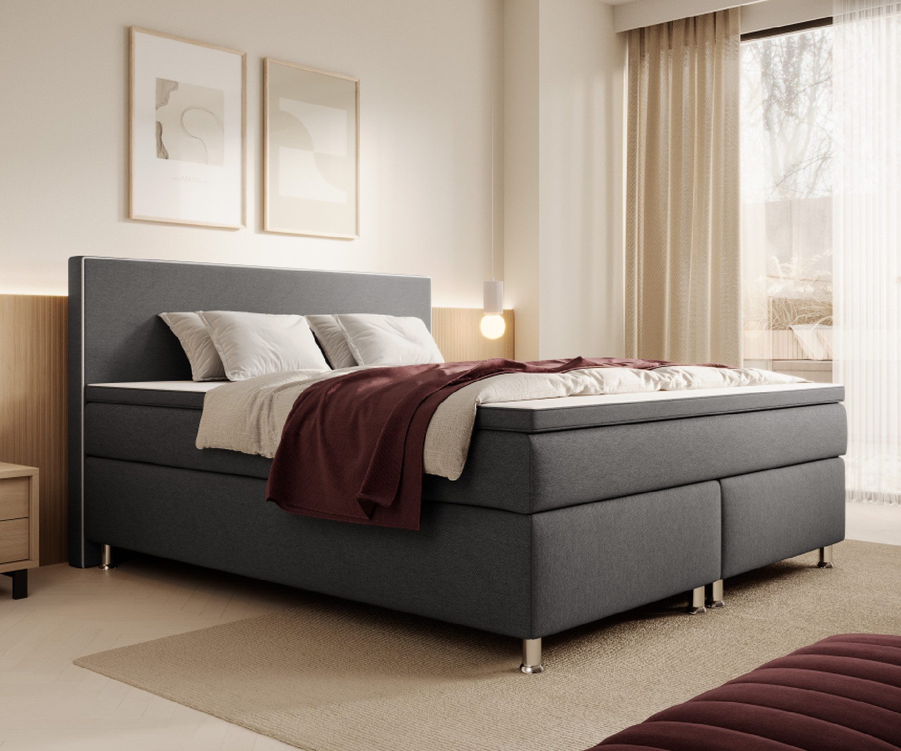 inter Boxspringbett Gent 140x200 cm 7-Zonen Taschenfederkern H3 Matratzen inkl.Topper (140x200 cm, Anthrazit), inkl. 7 Zonen Taschenfederkernmatratzen, inkl.Topper