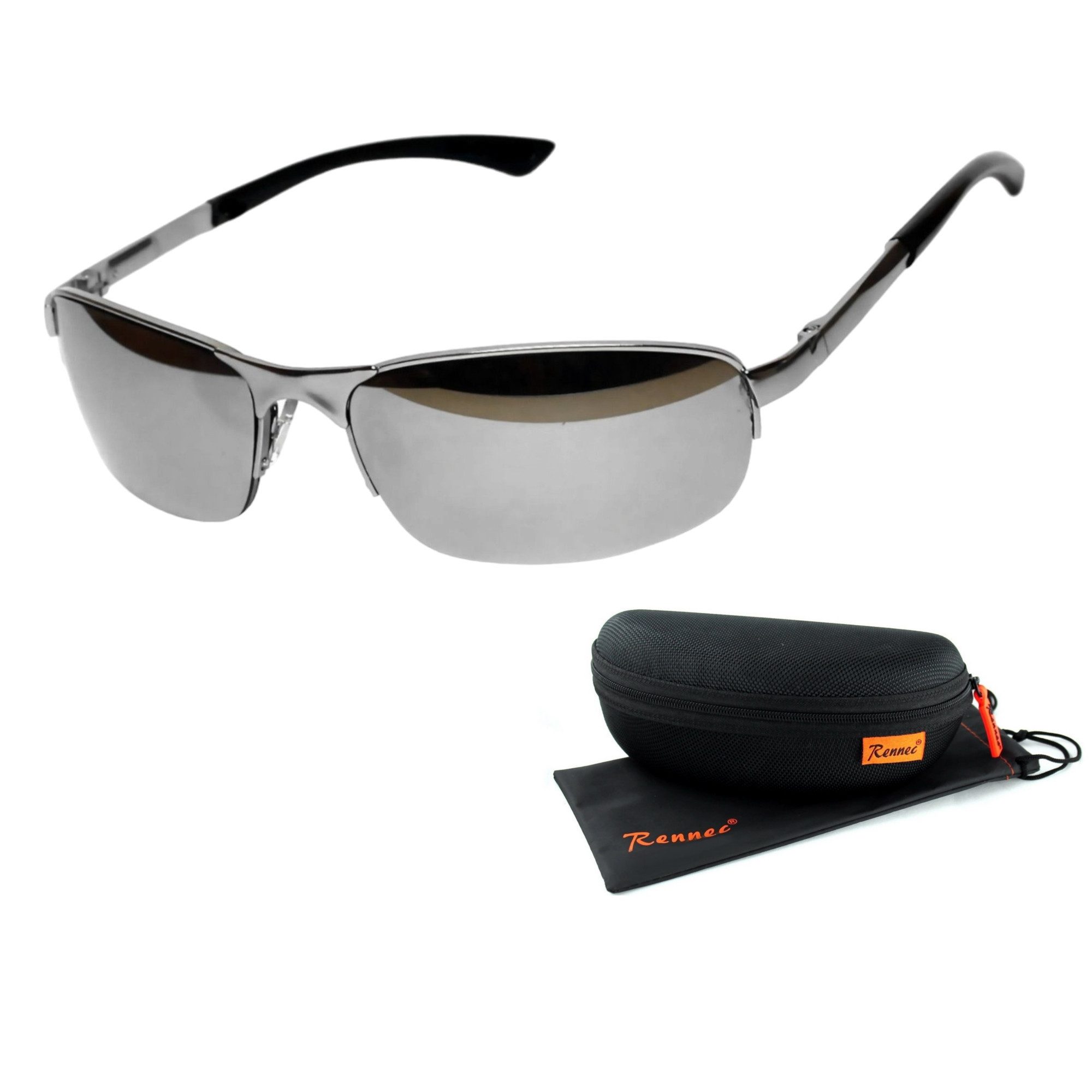 Rennec Sonnenbrille (Markenbrille mit Brillenbox und Brillenbeutel, schmale Metall Sonnenbrille Edelstahl mit Federscharniere) Halbrand Brille mit Federgelenke Blau Verspiegelt oder Schwarz Getönt