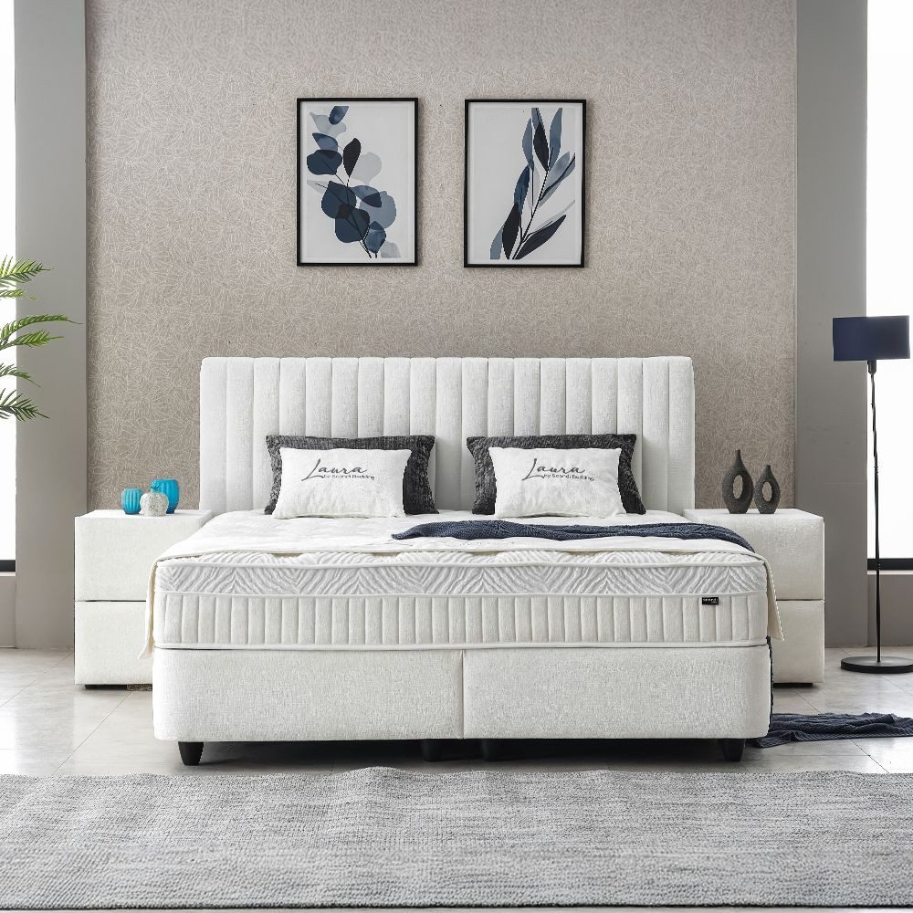 abc bedding Boxspringbett Komfortbett LAURA in stillvollem creme Stoffdesign (Bett mit Topper, inkl. Matratze und Topper), Voll-orthopädisches Schlafsystem inklusive Bettkasten