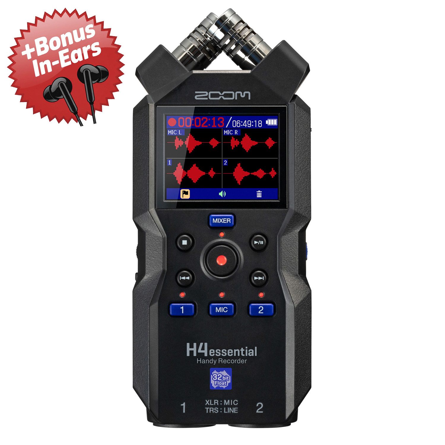 Zoom Audio Zoom Audio-Recorder H4essential + Bonus In-Ear Kopfhörer Digitales Aufnahmegerät (Tragbarer Audio-Recorder für Stereo-Aufnahmen)