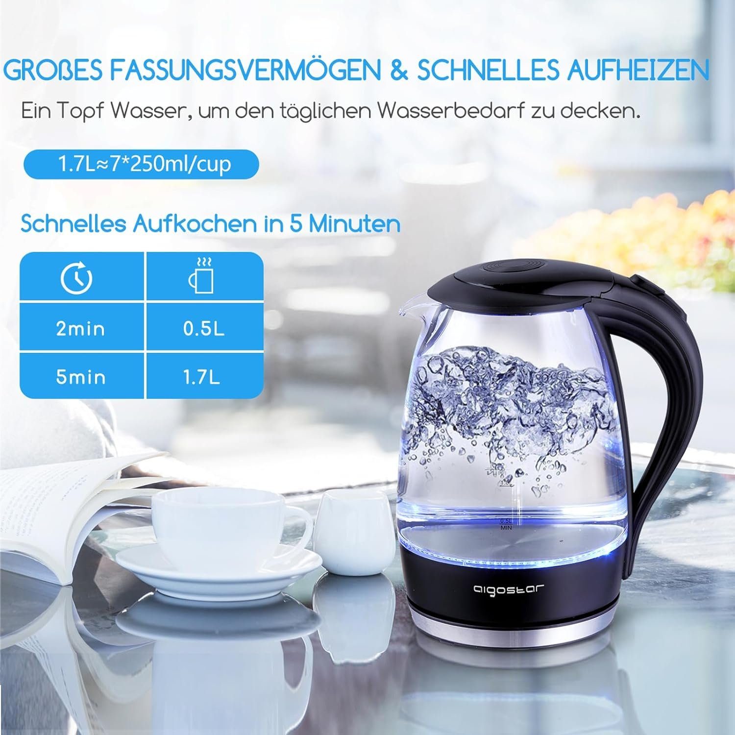 Aigostar Wasserkocher, 1,7 l, 2200,00 Glas Liter, BPA 100% Watt, LED-Beleuchtung, 2200 Frei, W, 1,7 Verdicktes