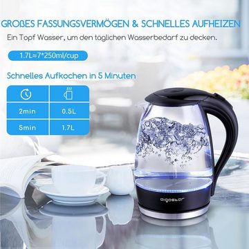 Aigostar Wasserkocher, 1,7 l, 2200,00 W, Glas 1,7 Liter, 2200 Watt, LED-Beleuchtung, 100% BPA Frei, Verdicktes