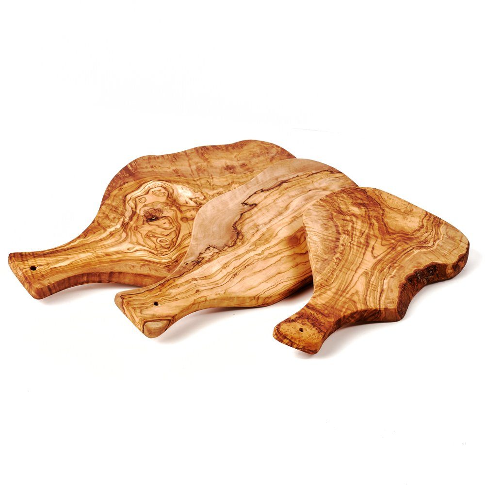 dasOlivenholzbrett Servierbrett 3er Set Käse- oder Schinkenbrett, Olivenholz in Naturform mit Griff