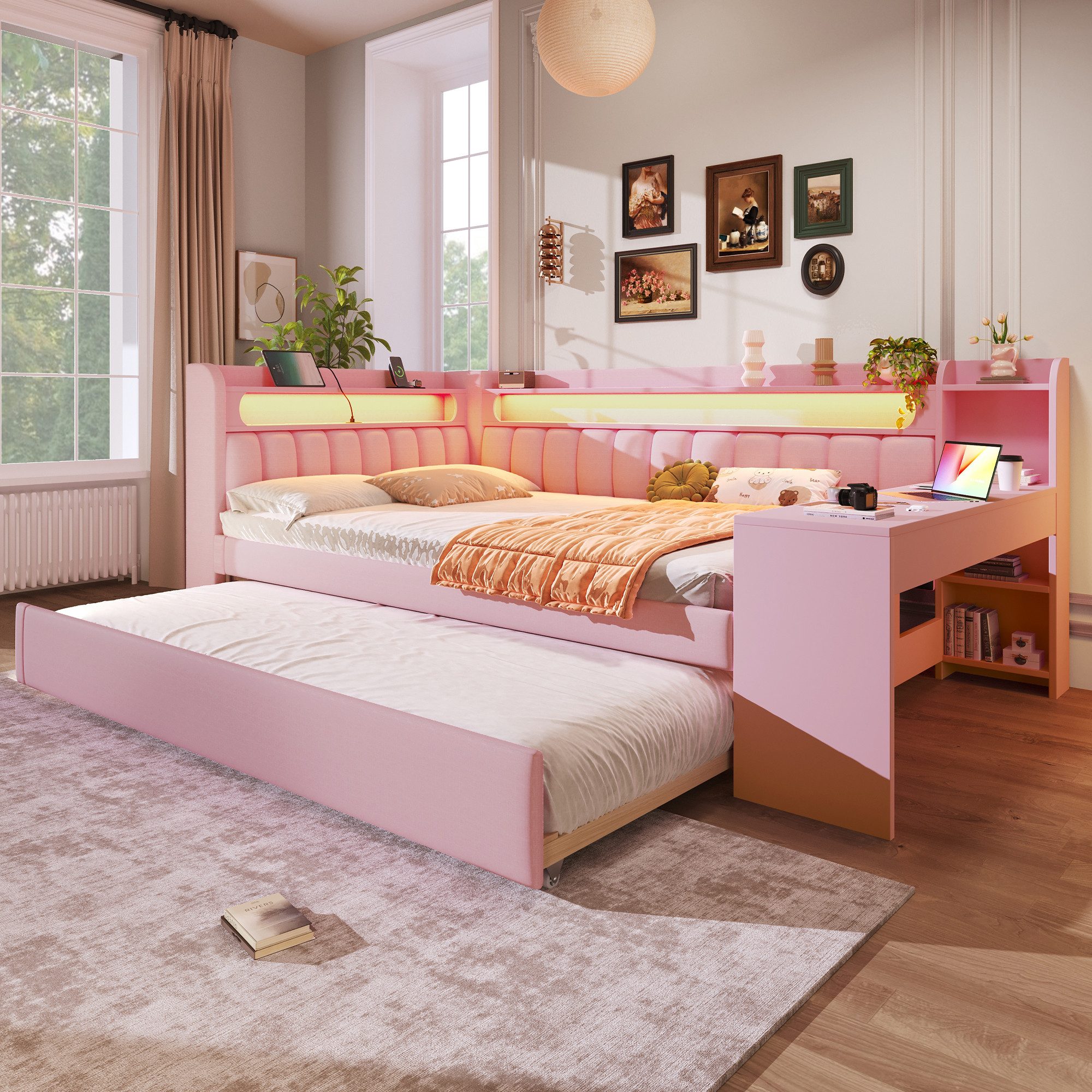 Flieks Daybett, Polsterbett 140x200cm mit Ausziehbett 90x190cm, USB, LED, Schreibtisch