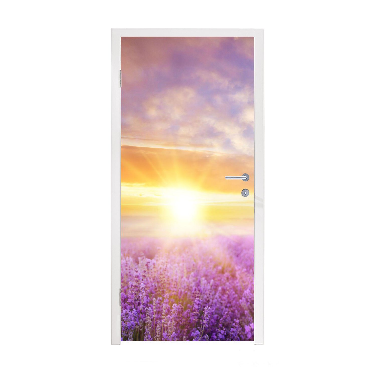 cm 75x205 Tür, - Türtapete Natur, MuchoWow für - Sonne Fototapete bedruckt, Türaufkleber, Lavendel Himmel St), - Matt, (1
