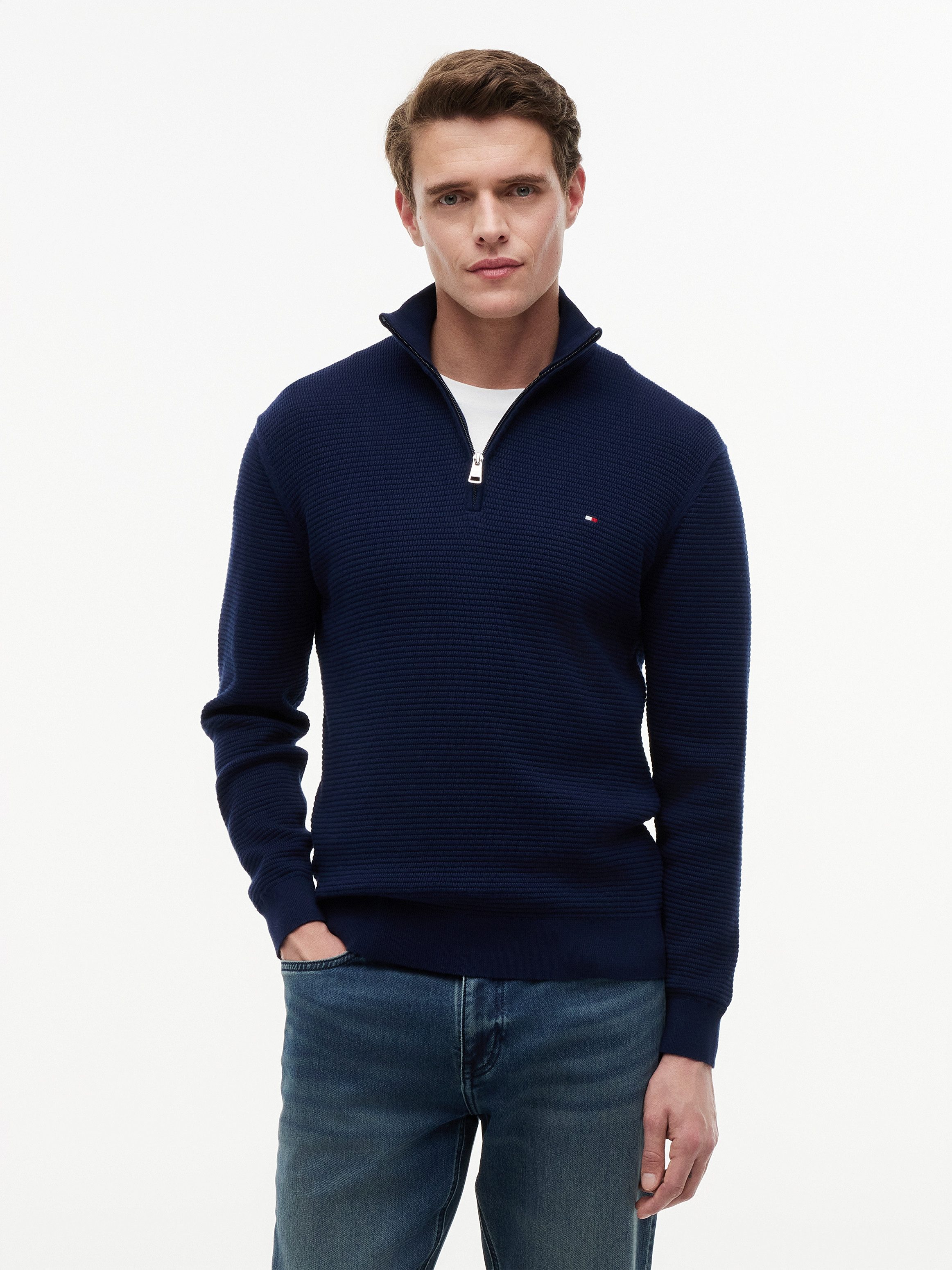 Tommy Hilfiger Strickpullover SEASONAL STRUCTURE ZIP MOCK Regular fit mit Troyerkragen