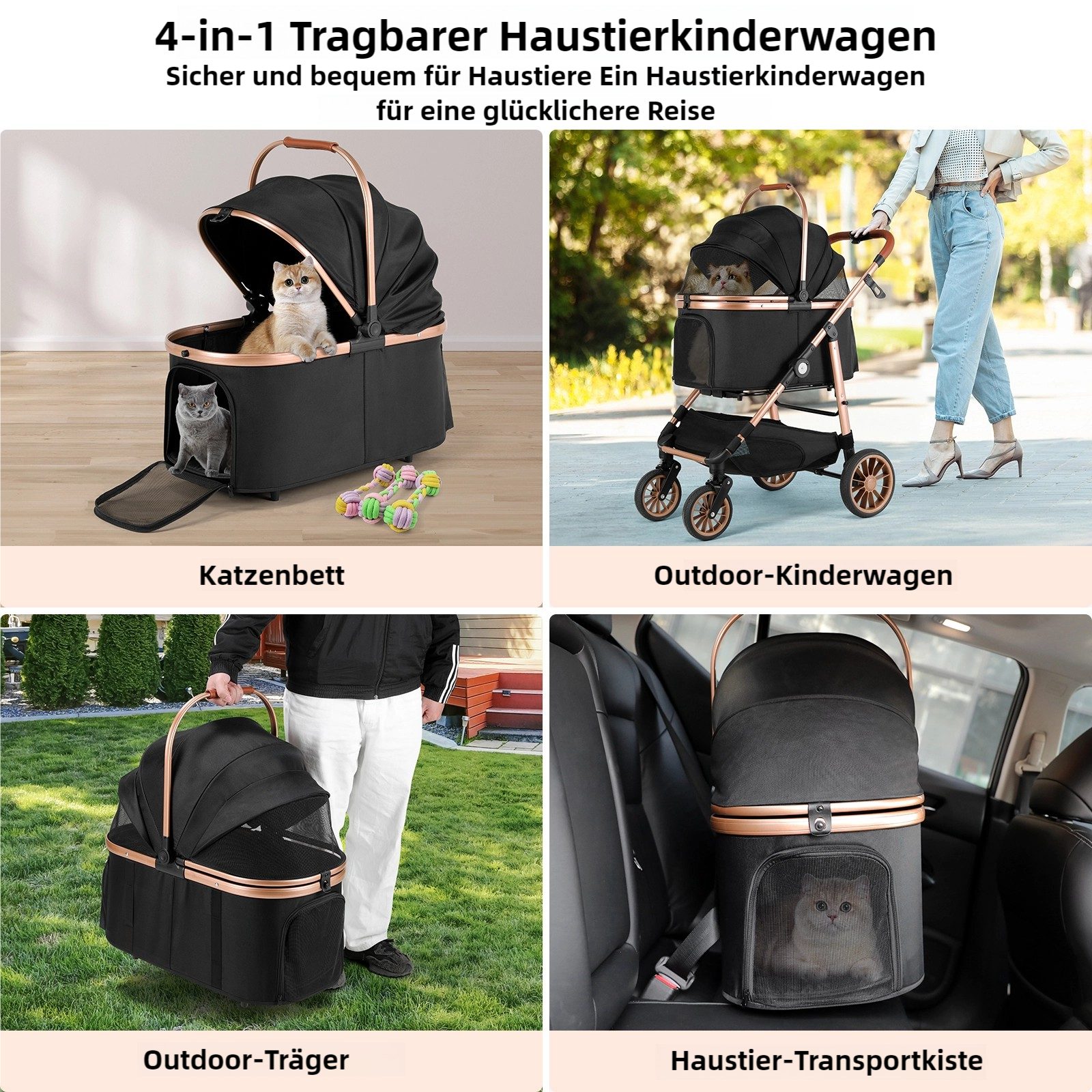 TLGREEN Hundebuggy 4-in-1 Großer Hundewagen, (Faltbar, 360° Gummiräder mit Schwingungsdämpfung), Katzenwagen