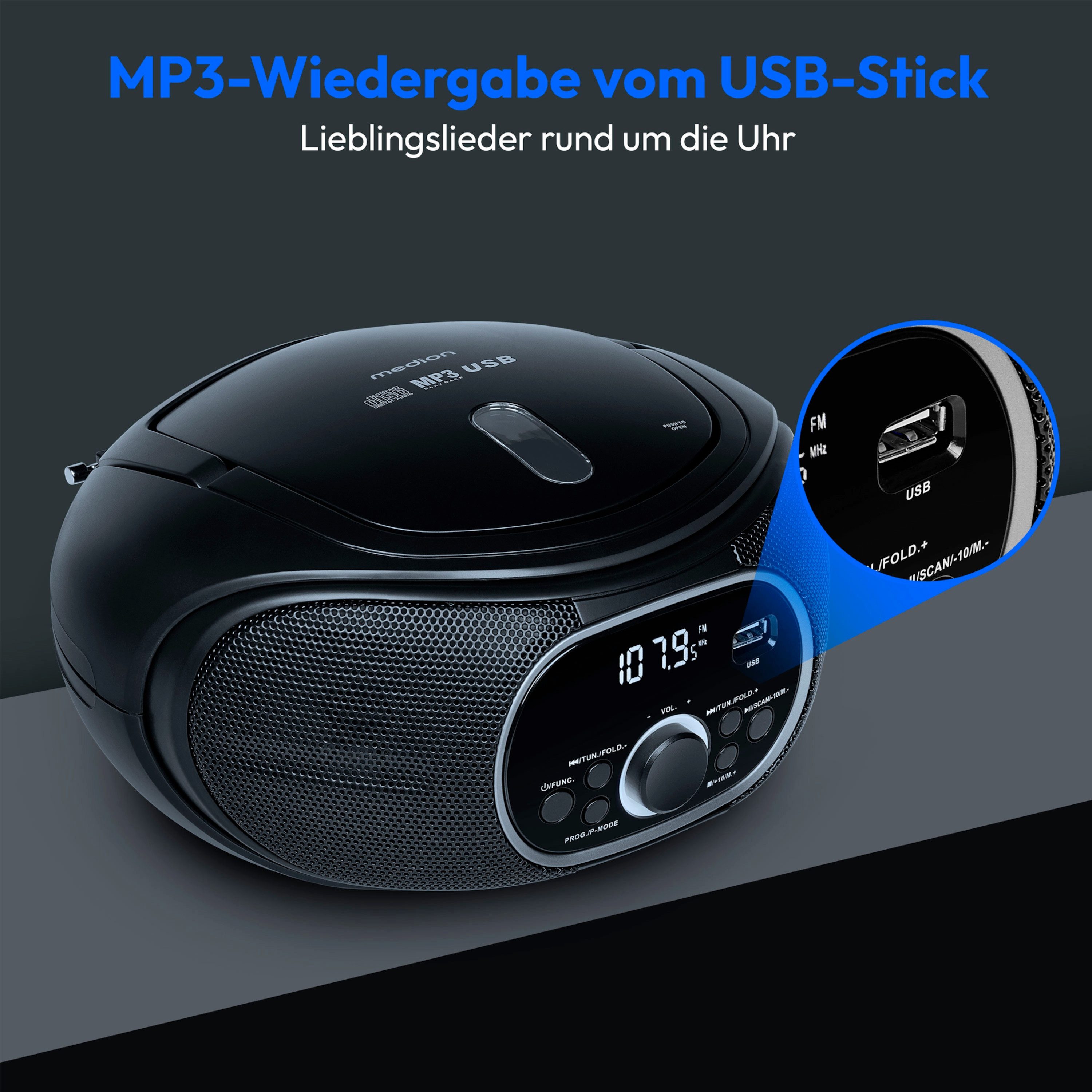 Medion® LIFE® Boombox E65711 (MD 47111) Radio (AM/FM, 12 W, CD/MP3 Player, UKW FM, AUX, Batteriebetrieb, schwarz)