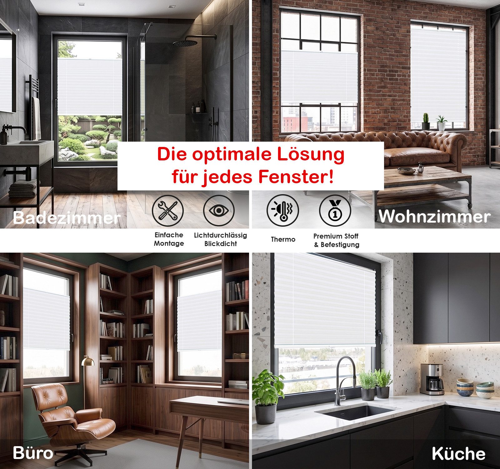 Rikmani Plissee Thermo Klemmfix ohne Bohren Creme 40x100 cm, blickdicht, Klemmfix, Thermo-Wärmeschutz, blickdicht, Stufenlos – Bild 3 von 5