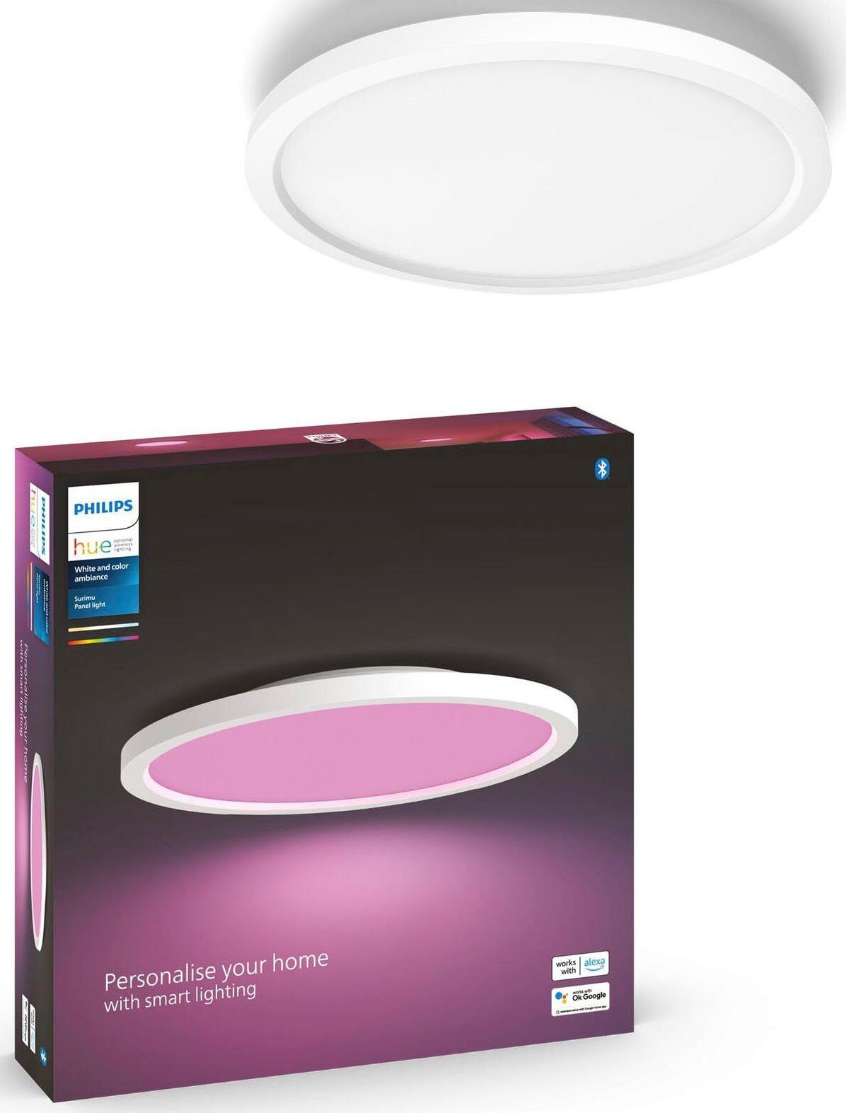 Philips Hue LED Deckenleuchte Surimu, Bluetooth, Dimmfunktion, LED fest integriert, RGB, warmweiß - kaltweiß, rund