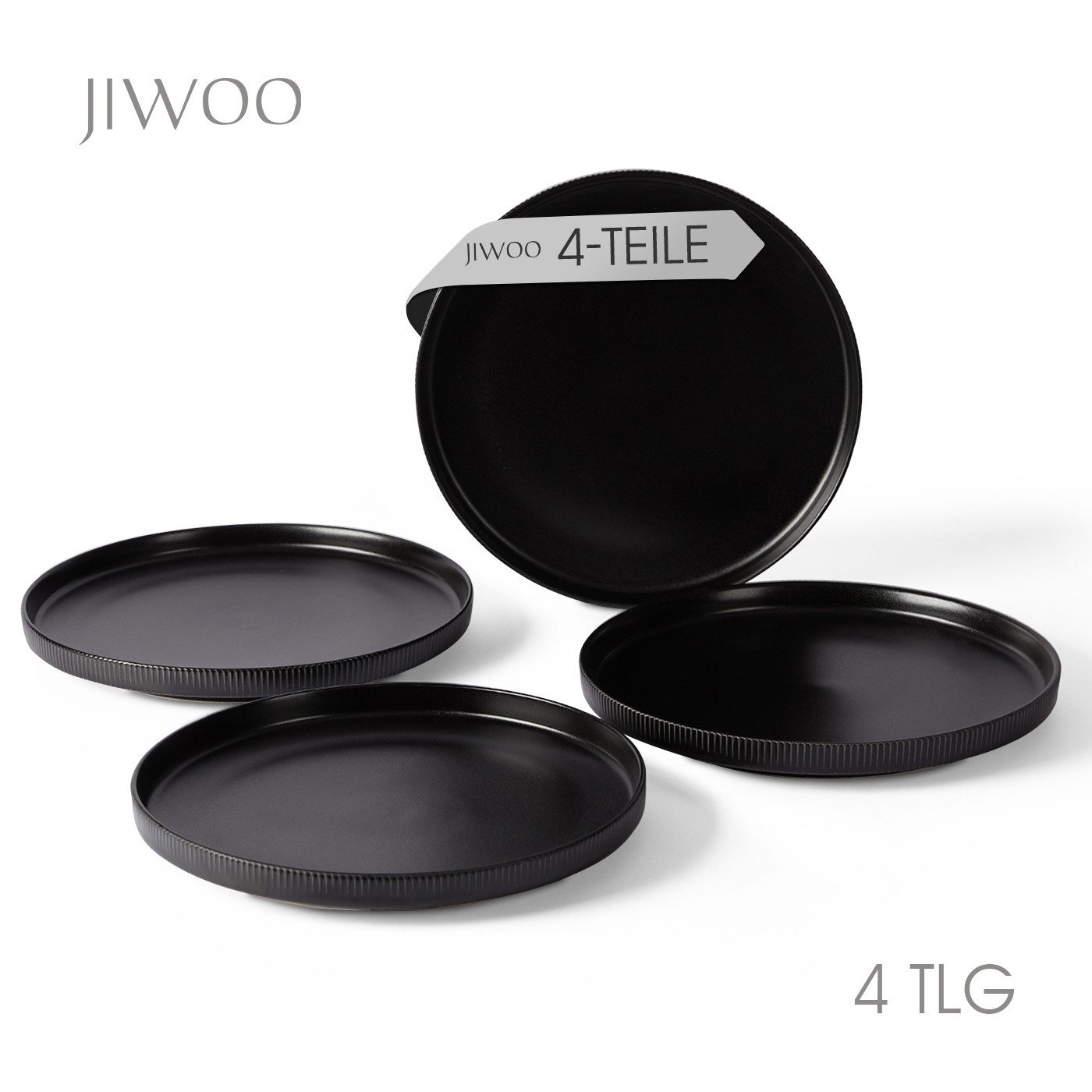 JIWOO Teller 4er Ø21,3cm, Speiseteller Steakteller Dessertteller Brotteller Plate, (4 St), Keramik Hochwertiges Tellerset Schwarz Mikrowellen spülmaschinenfest