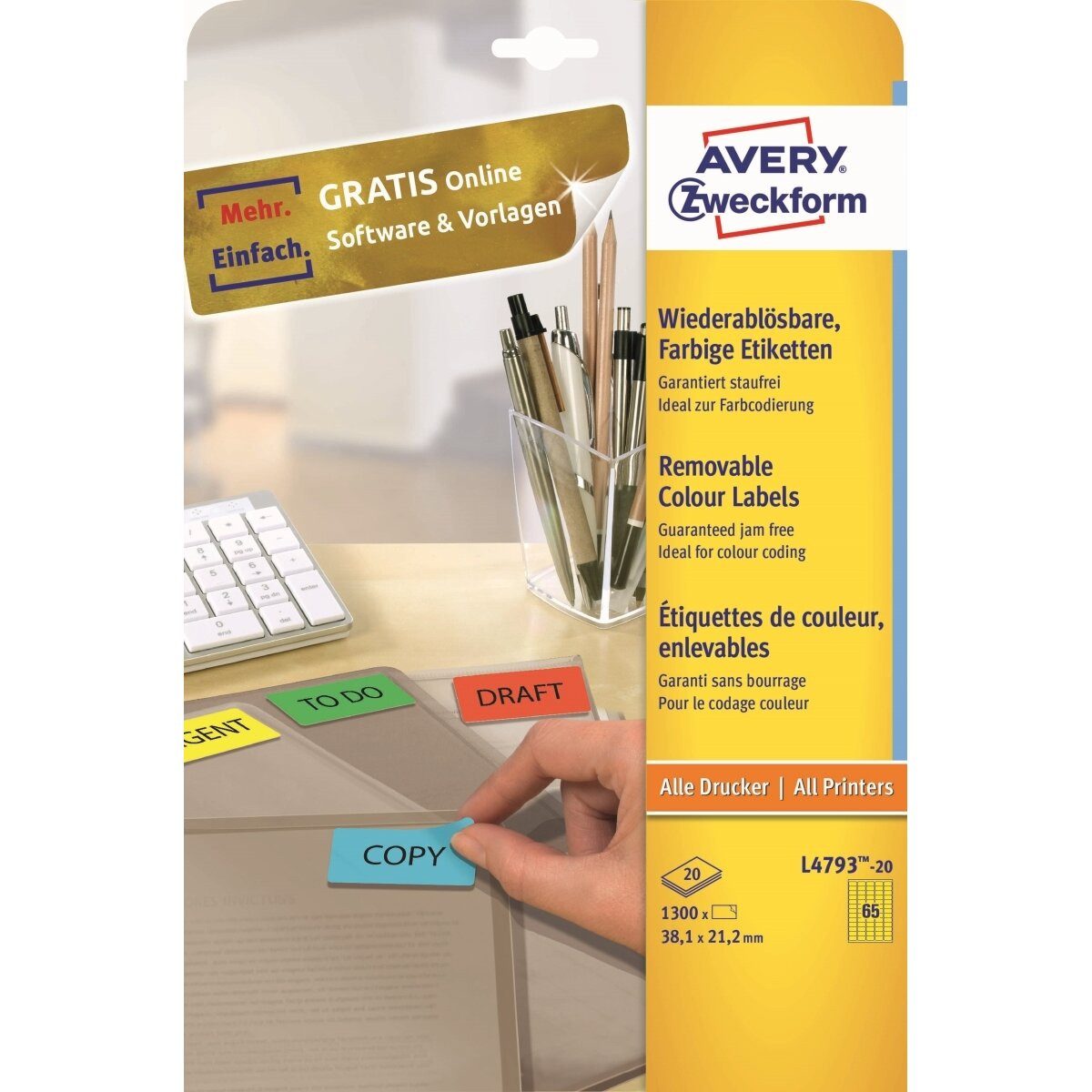 Avery Zweckform Etiketten Etiketten Inkjet/Laser/Kopier 38,1x21,2mm VE=1300 Stück gelb