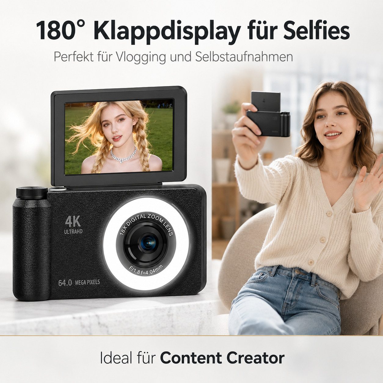 XEOOCE 4K Digitalkamera 64MP mit Flip Display Autofokus 18x Zoom Kompaktkamera (64 MP, 20 Filter) – Bild 4 von 5
